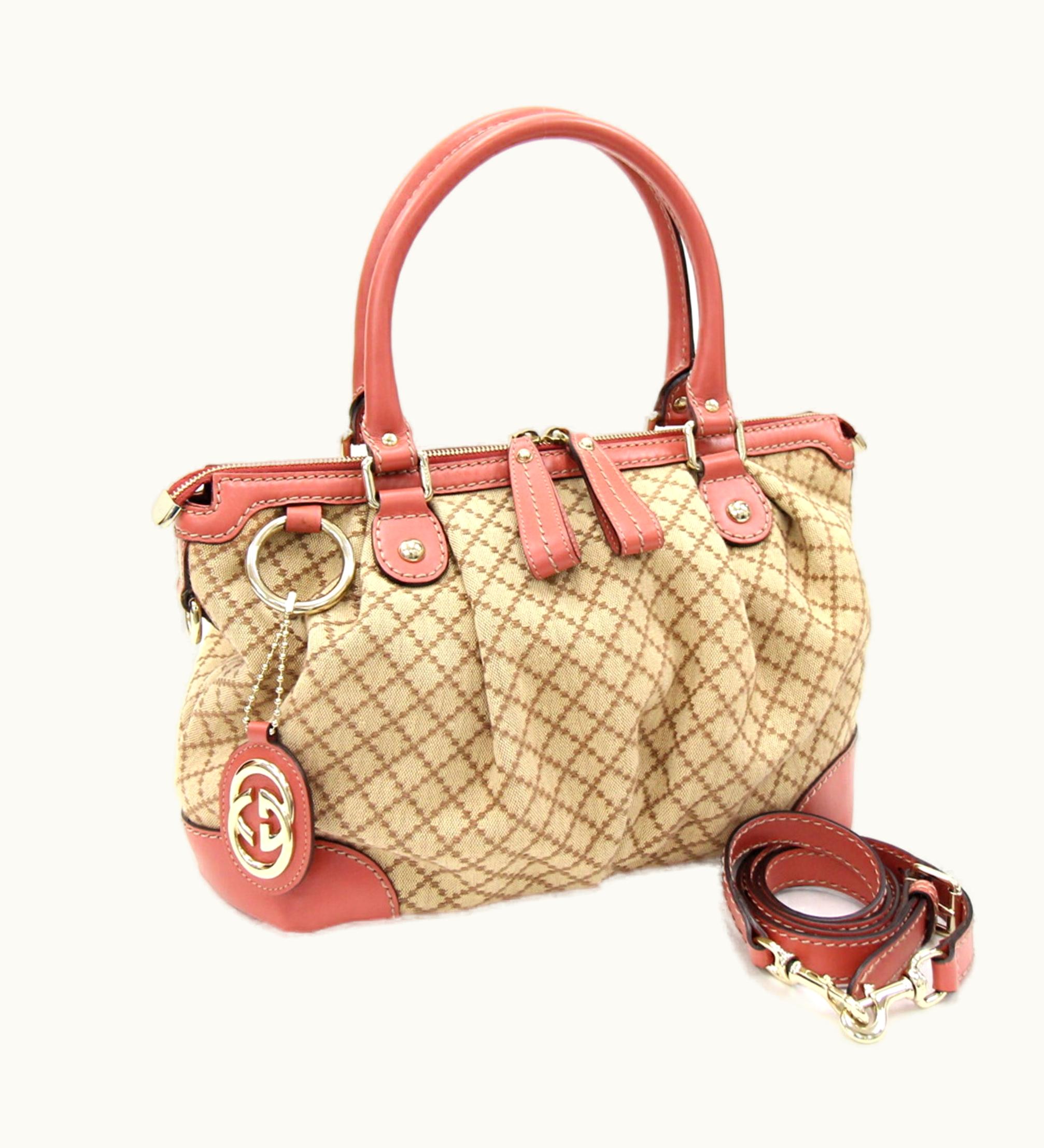 Gucci Handbag Diamante Suki 247902 Beige Pink Canvas Leather Tote Bag Shoulder Ladies