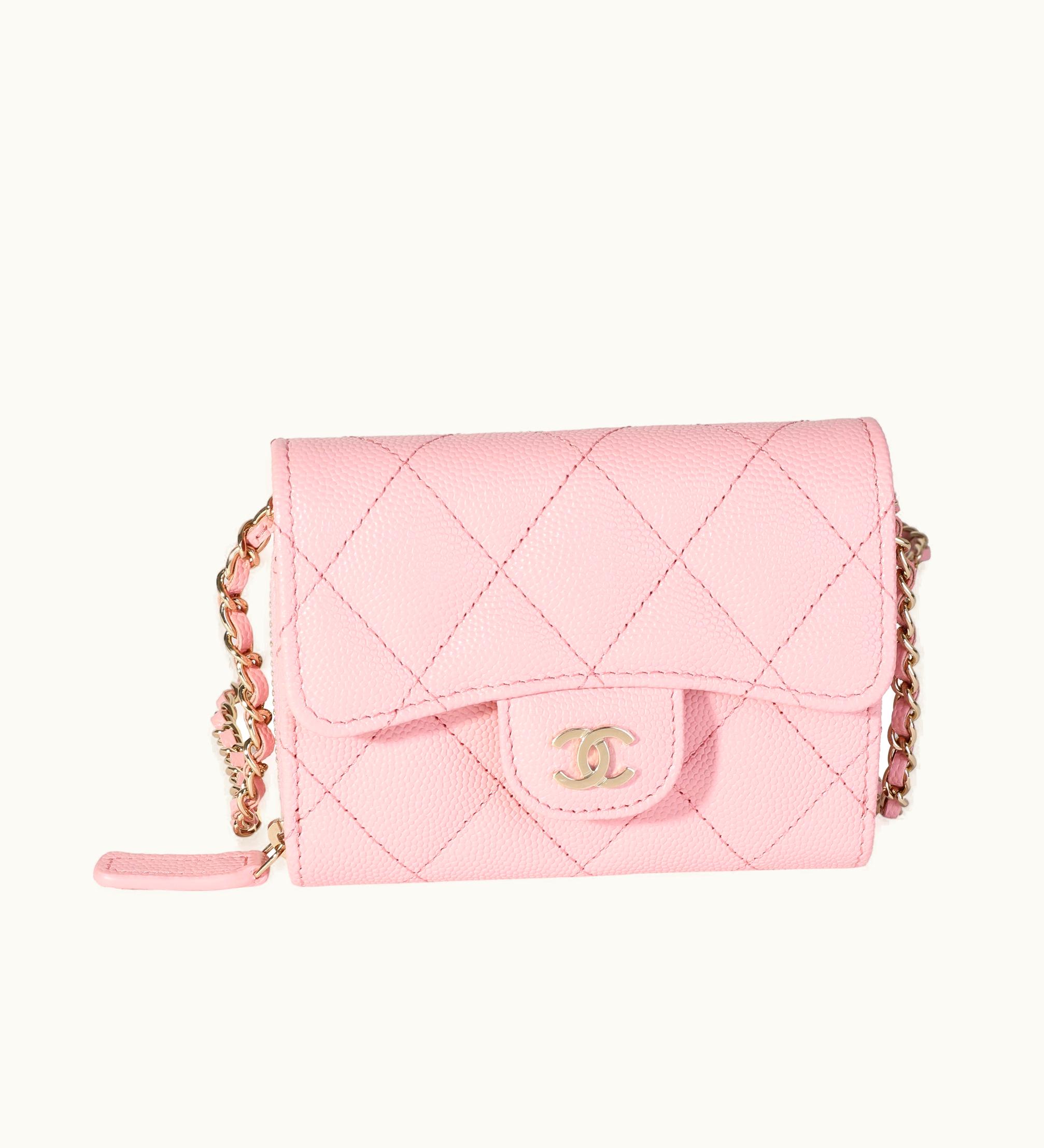 Chanel Pink Quilted Caviar Compact Wallet On Chain