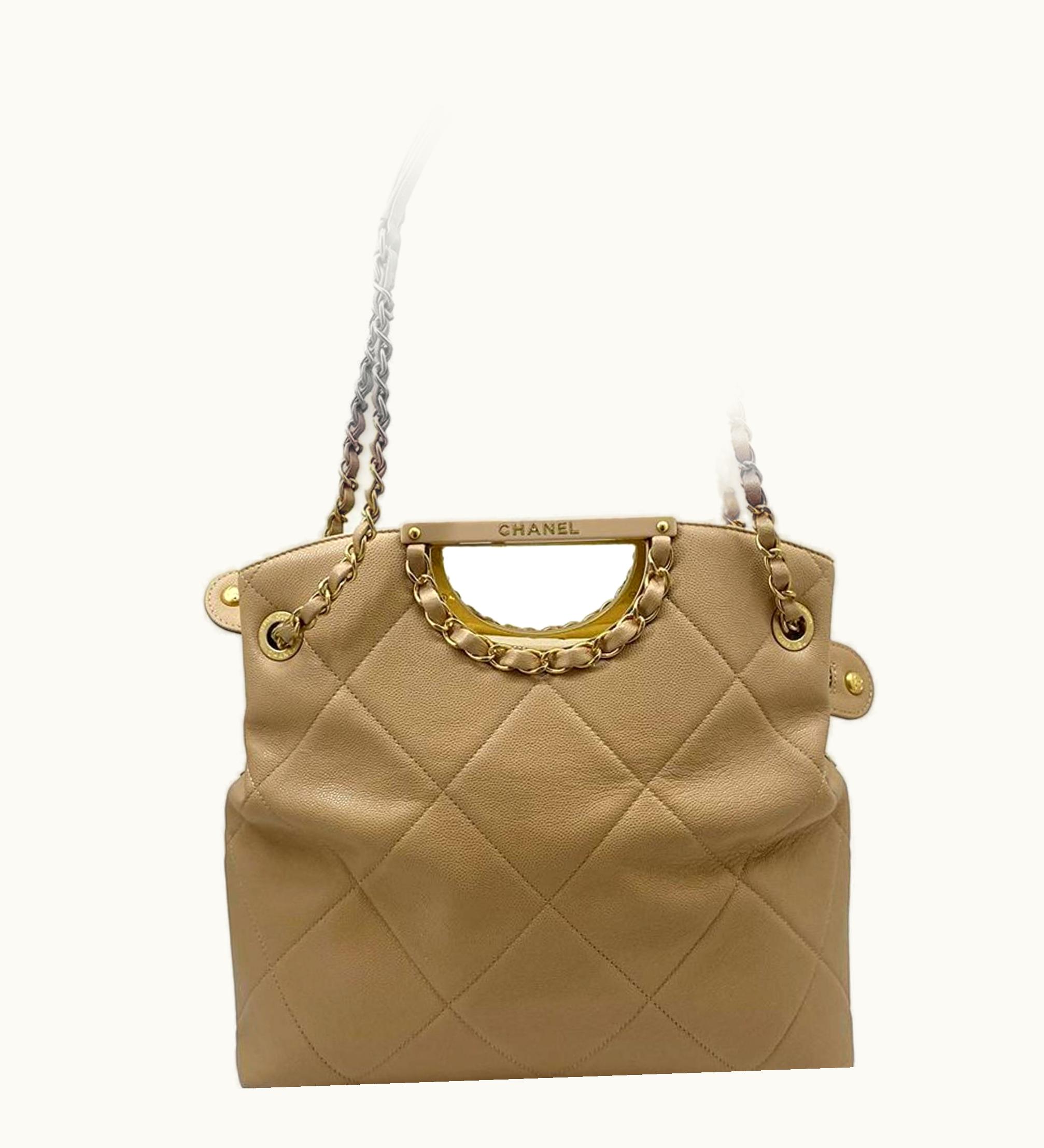 Chanel 2Way Chain Shoulder Bag Handbag Caviar Beige Pouch As1469 Good Condition Ladies