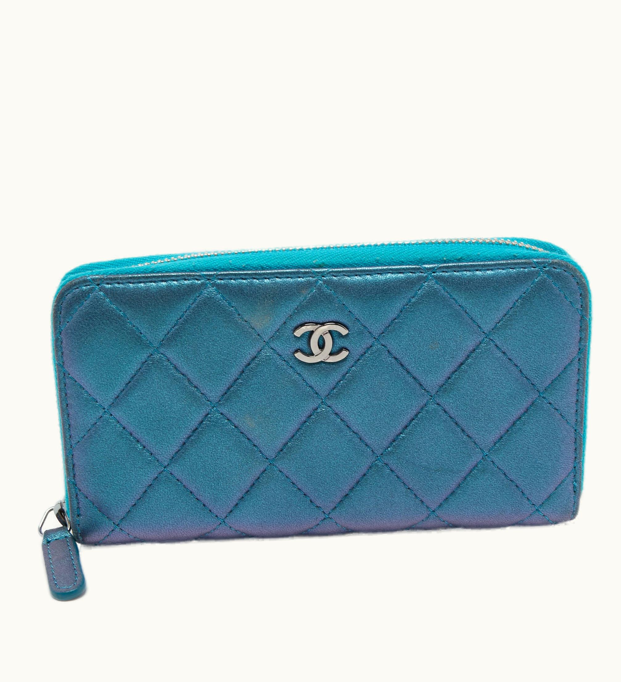Chanel Metallic Blue Quilted Leather Classic Zip Wallet