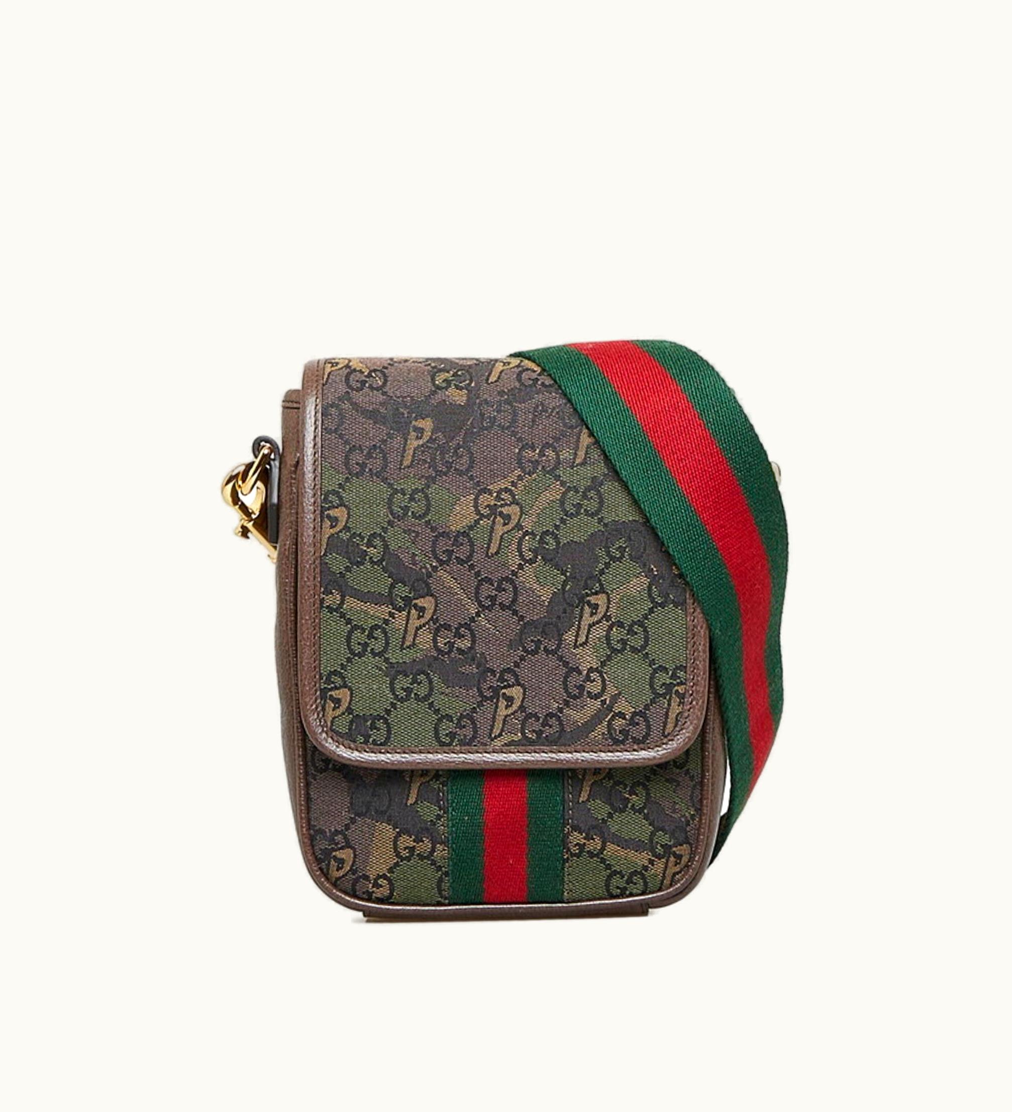 Gucci GG Canvas Camouflage Sherry Line X Palace Shoulder Bag 723142 Brown Green Leather Ladies