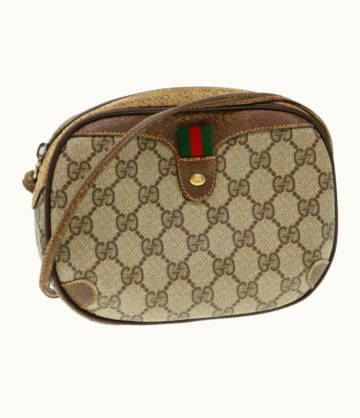 Gucci Web Sherry Line GG Canvas Shoulder Bag Pvc Leather Beige Green