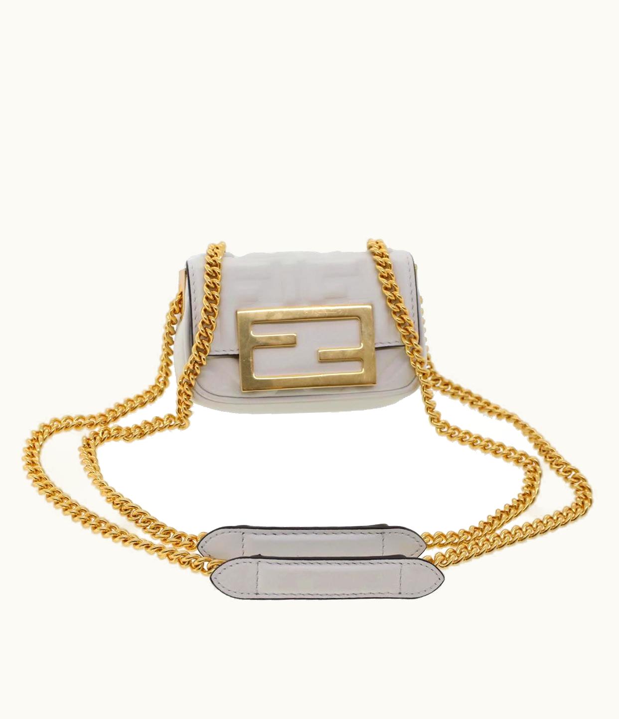 Fendi Zucca Canvas Nano Baguette Chain Shoulder Bag Leather White