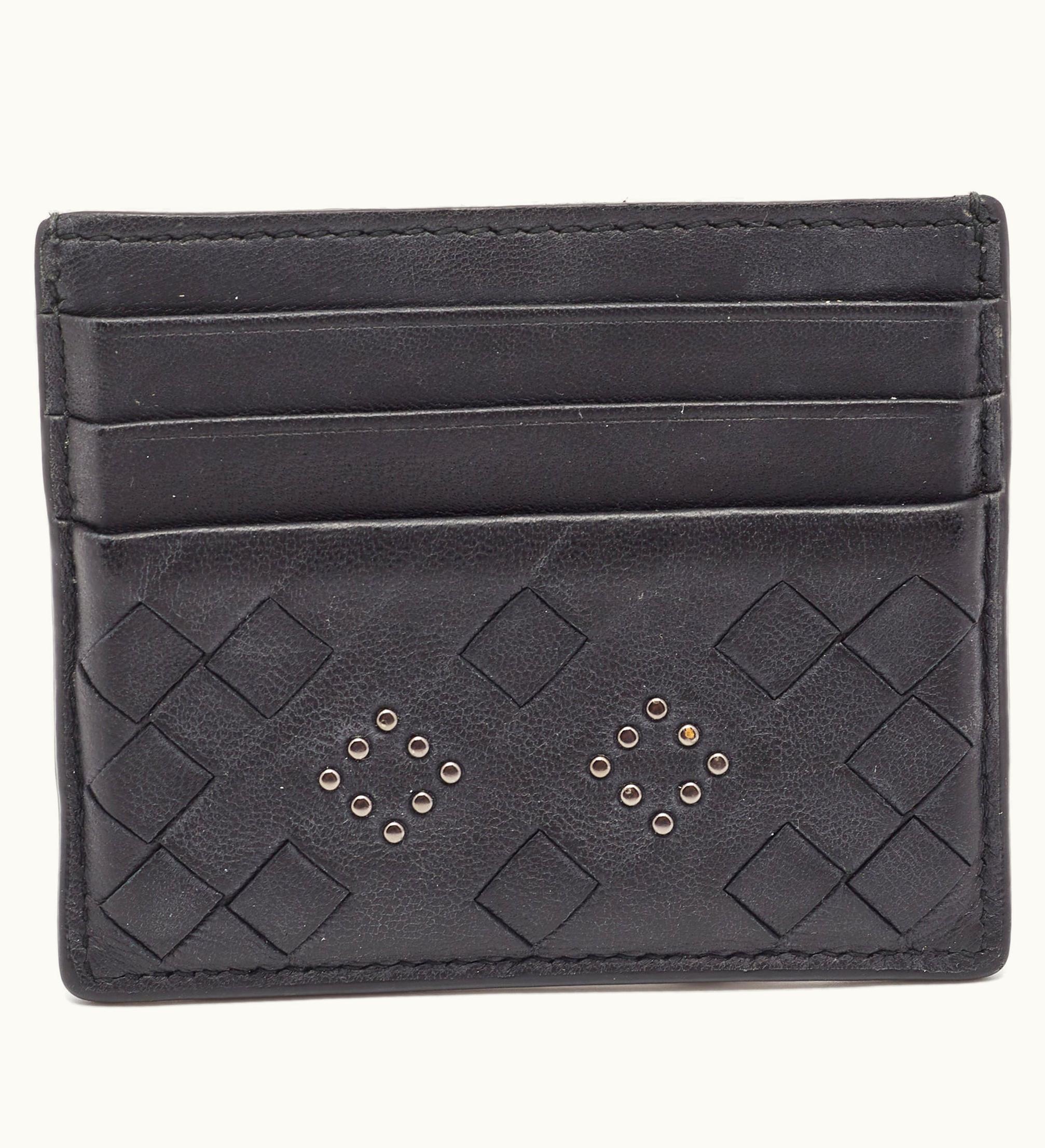 Bottega Veneta Black Intrecciato Leather Studded Card Holder