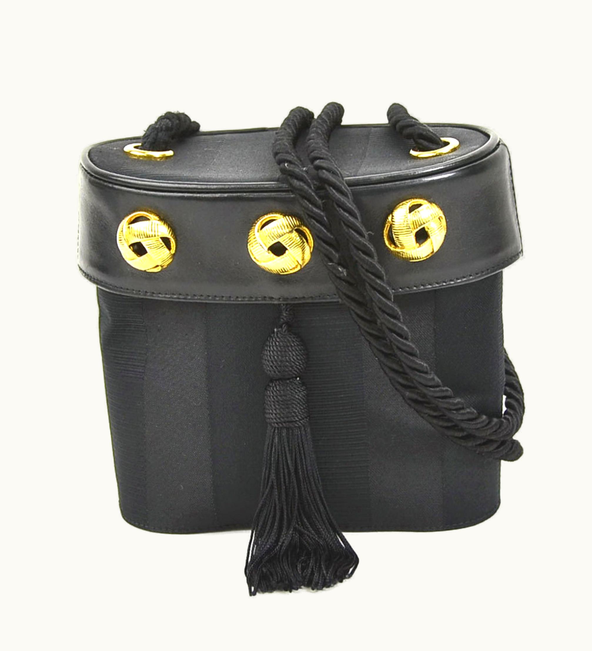 Salvatore Ferragamo Crossbody Shoulder Bag Tassel Canvas/Leather Black Gold Women's