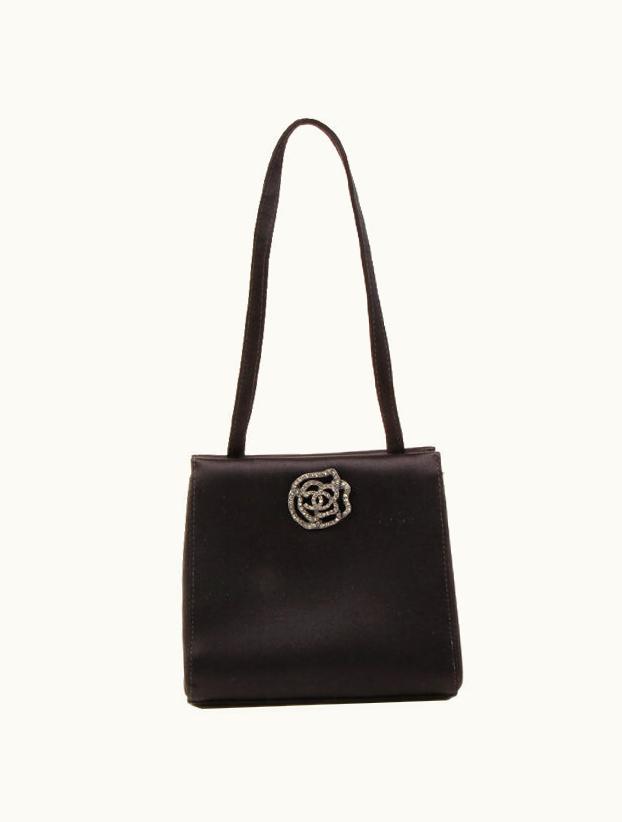 Chanel Chanel Around 2000 Made Silk Satin Rhinestone Camellia CC Mark Mini Top Handle Bag Black