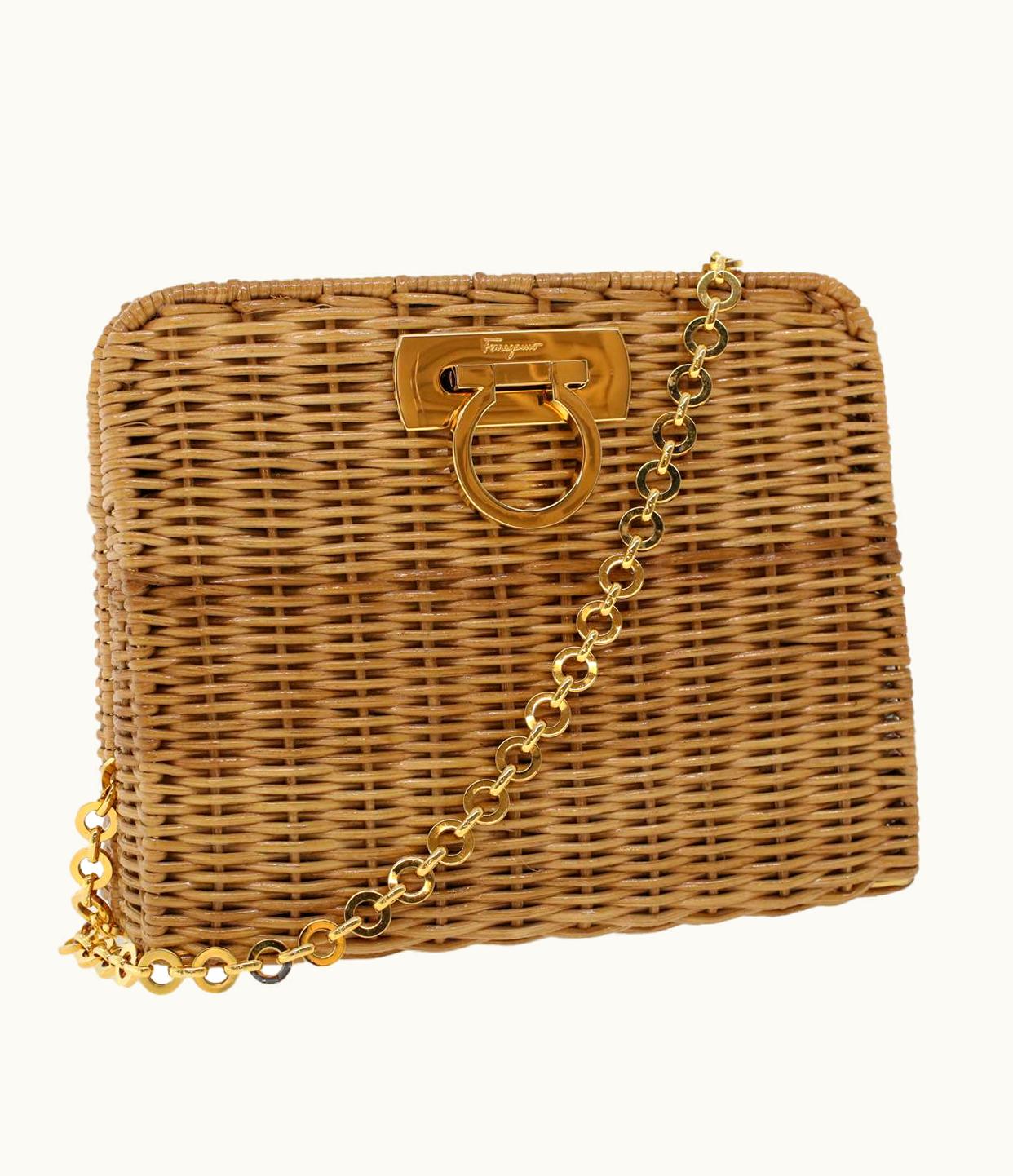 Salvatore Ferragamo Salvatore Ferragamo Gancini Chain Shoulder Bag Straw Brown Do-216175