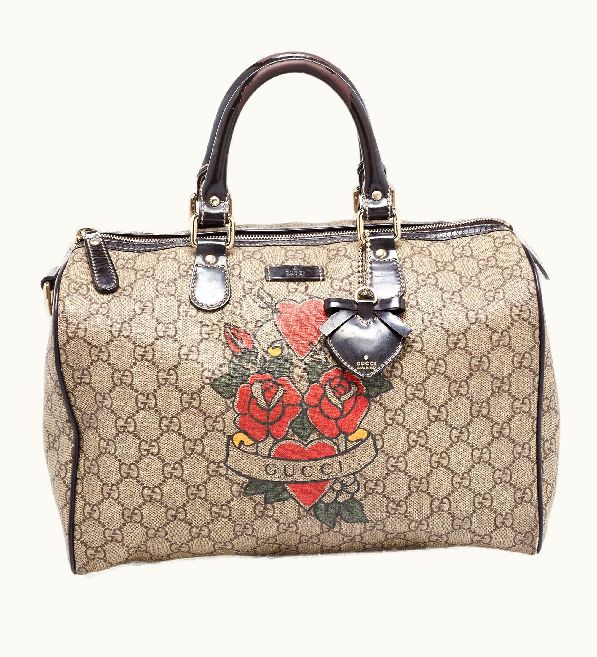 Gucci Gucci Beige/Brown GG Supreme Canvas And Patent Leather Medium Tattoo Heart Joy Boston Bag