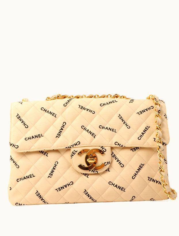 Chanel Chanel Around 1995 Made Canvas Logo Print Classic Flap Chain Bag Maxi Beige