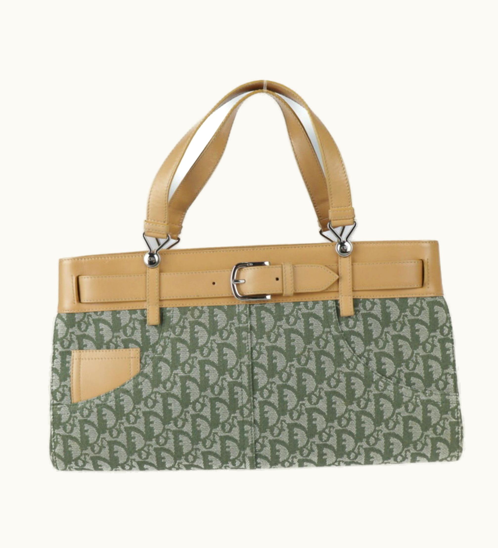 Dior Dior Christian Dior Trotter Handbag Bm 0061 Canvas Calf Leather Green Light Brown Series Silver Hardware Denim Design Tote Bag