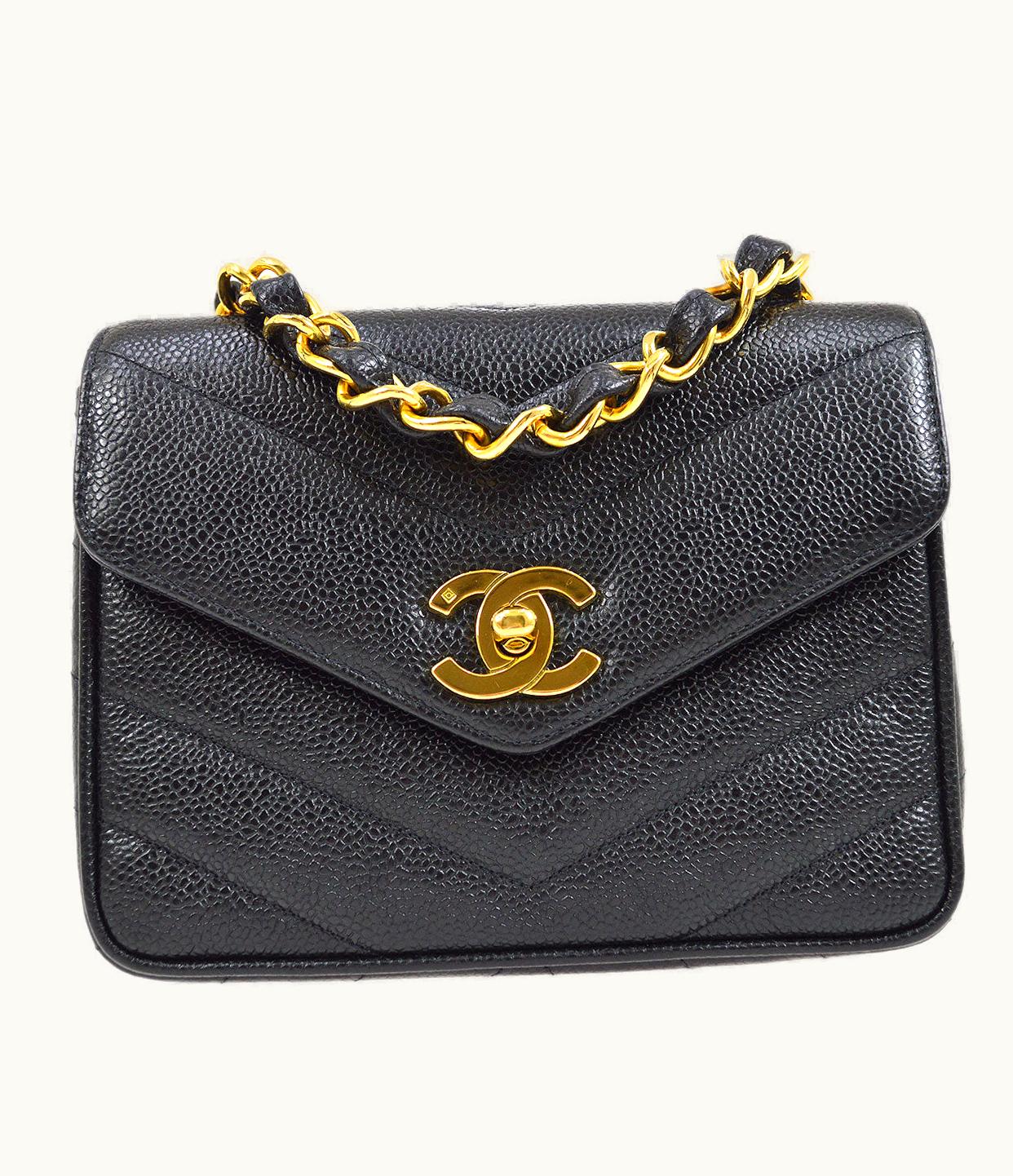 Chanel Chanel 1994-1996 Black Caviar Chevron Letter Flap Bag 75337