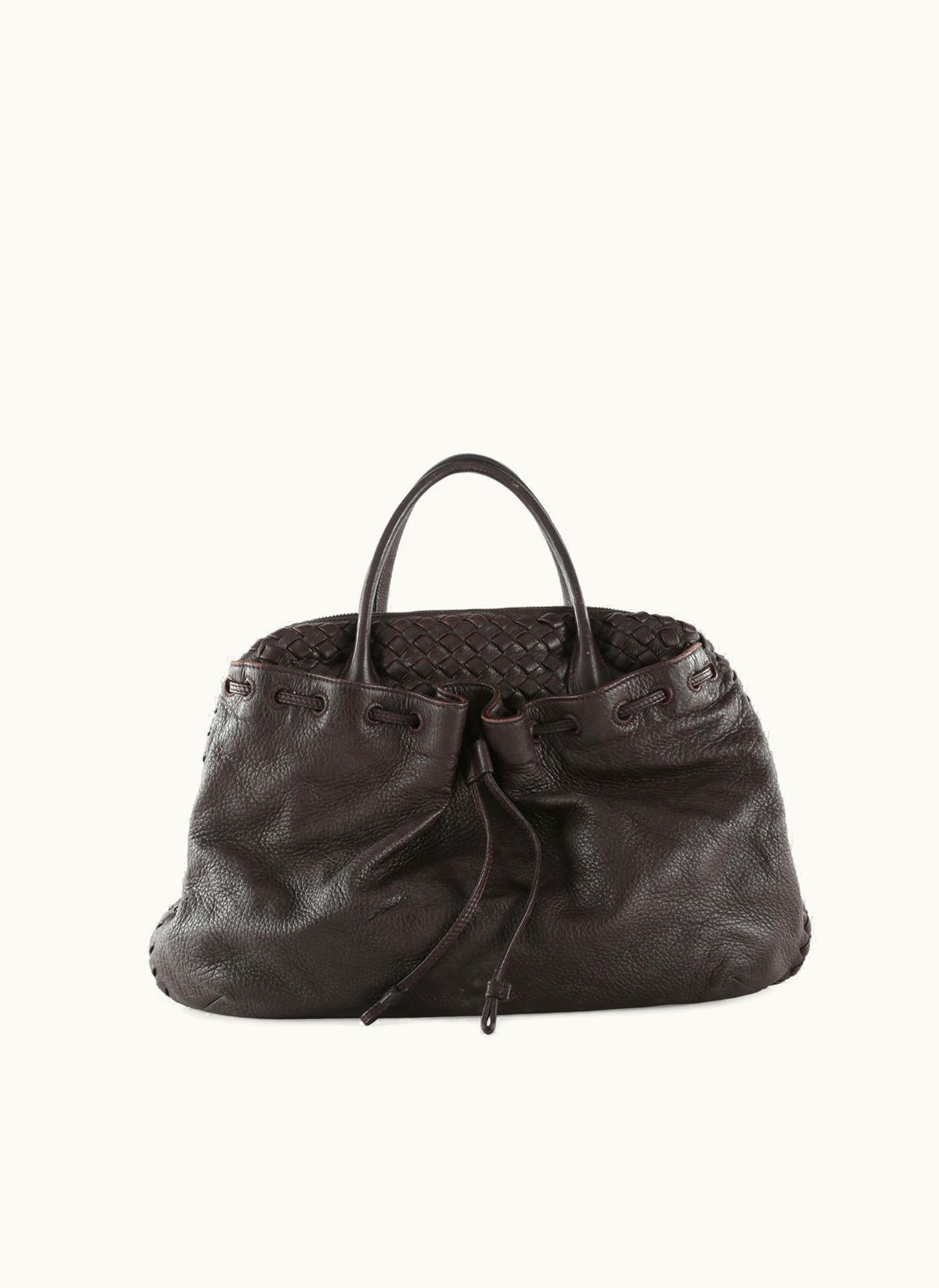 Bottega Veneta Bottega Veneta Brown Leather & Intrecciato Leather Dome Drawstring Tote Bag