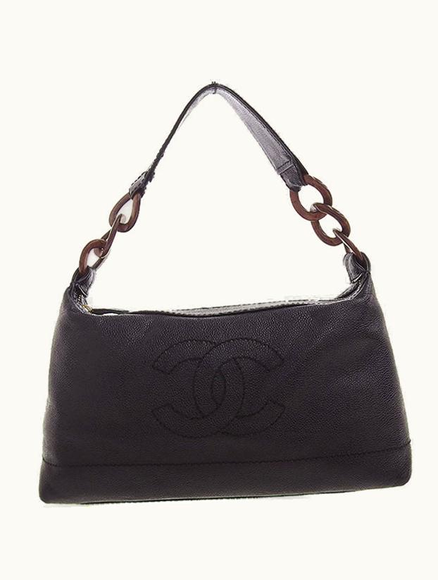 Chanel Chanel Around 2001 Made Caviar Skin CC Mark Stitch Wood Chain Top Handle Bag Black