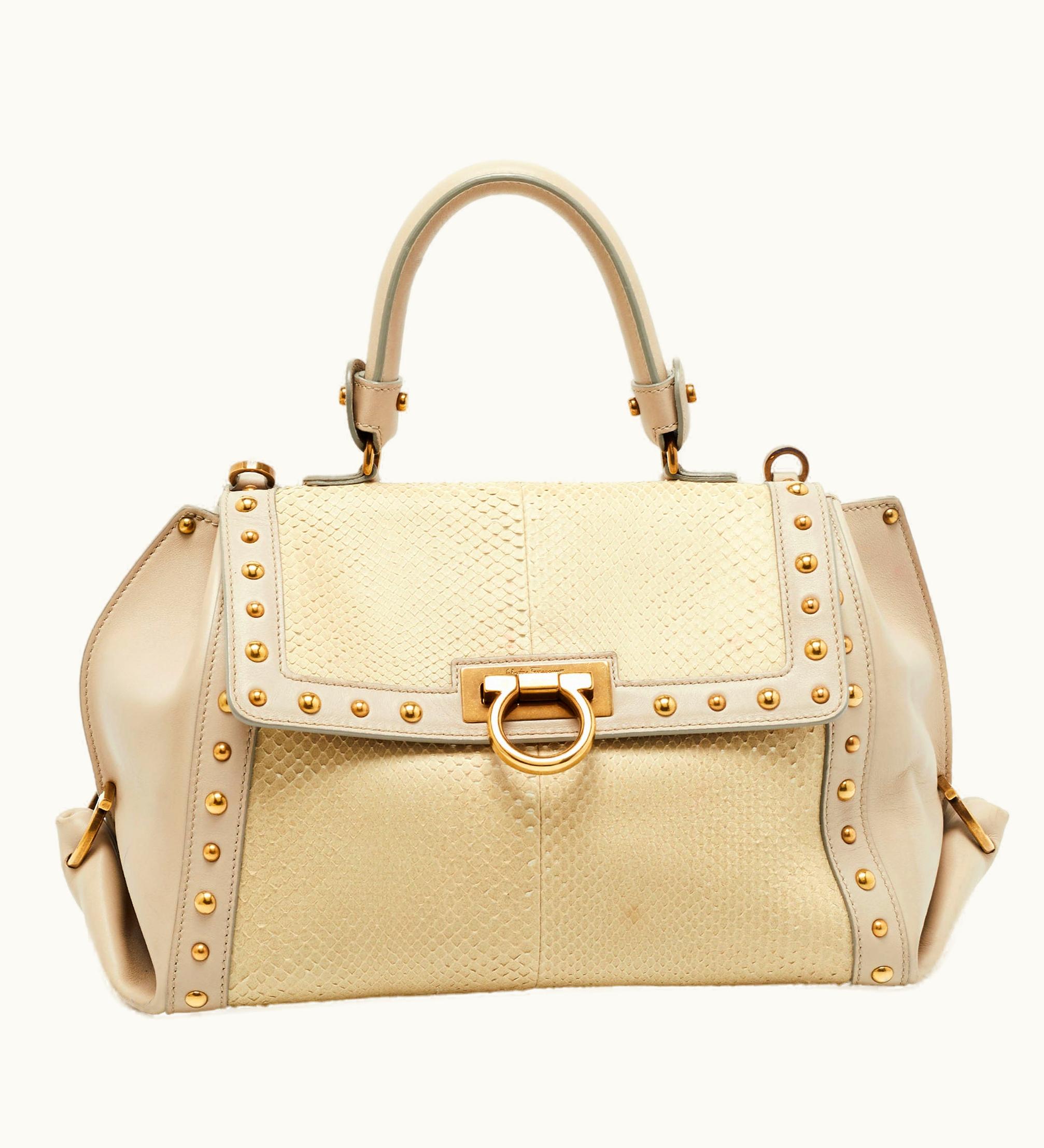 Salvatore Ferragamo Salvatore Ferragamo Cream/Beige Watersnake And Leather Studded Sofia Top Handle Bag