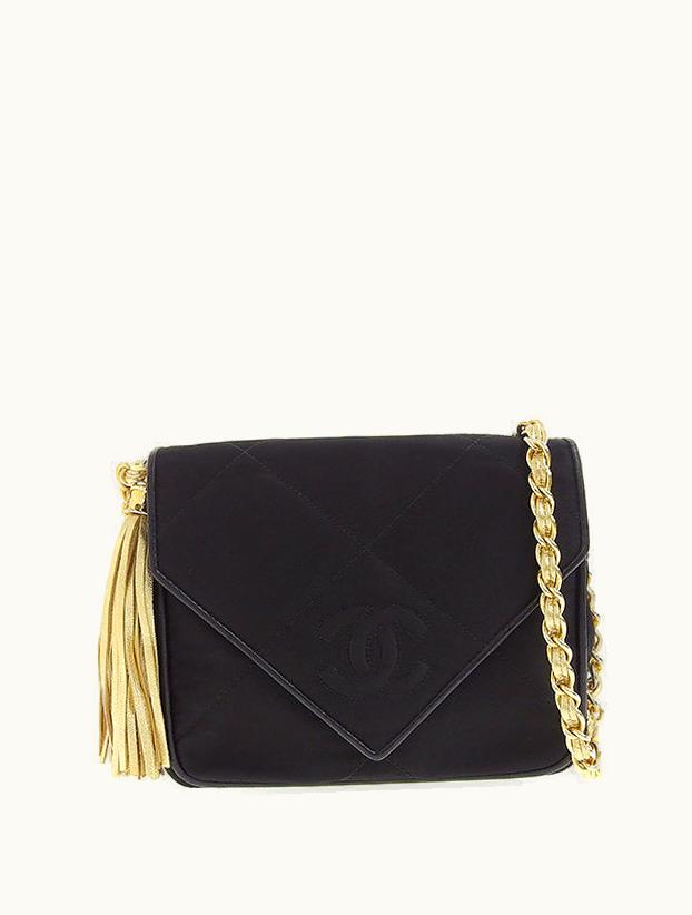 Chanel Chanel Around 1990 Made V Flap CC Mark Stitch Fringe Chain Bag Black/Gold