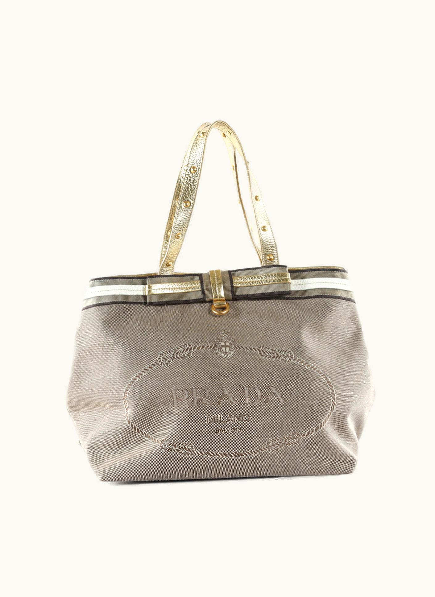 Prada Prada Beige/Gold Jacquard Canvas & Leather Handles Logo Tote Bag