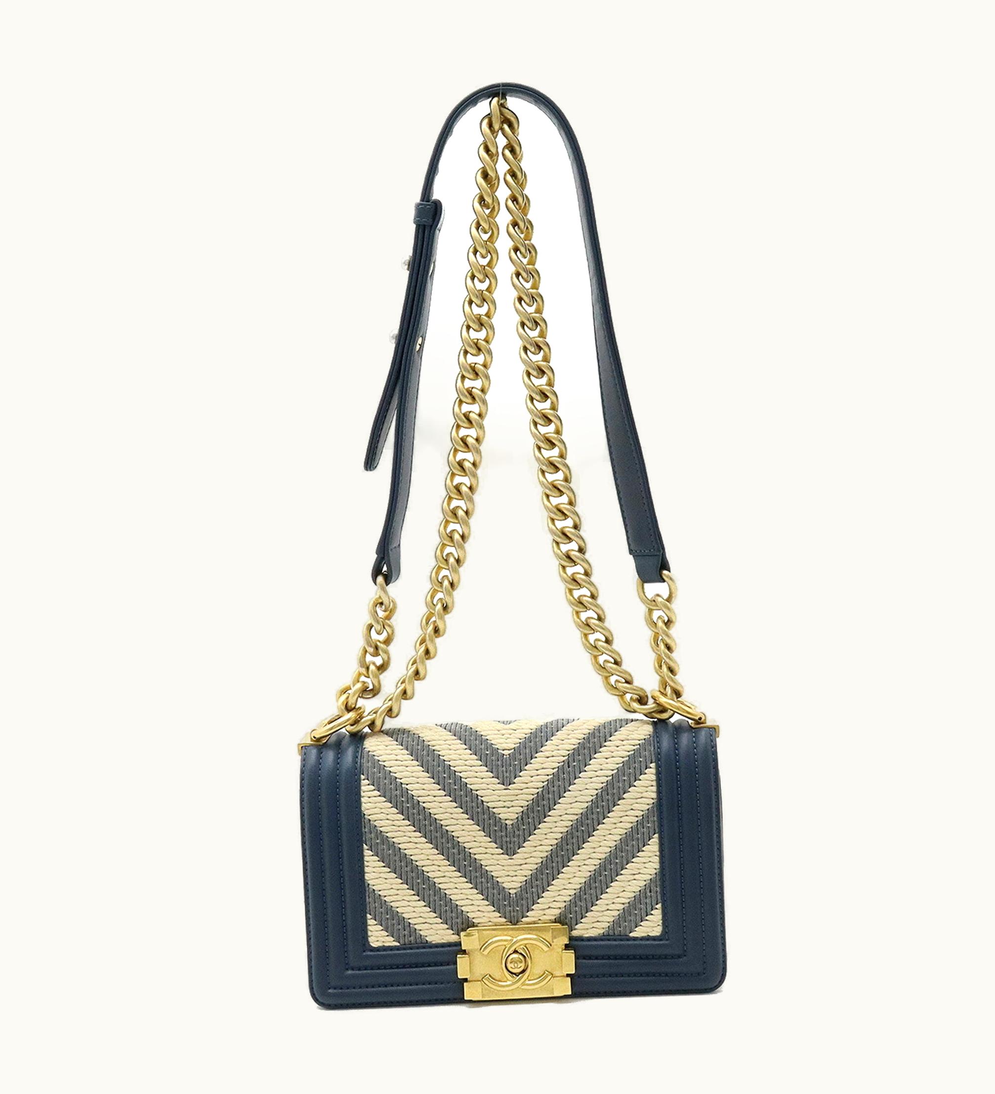 Chanel Chanel Boy V Stitch Chain Bag Shoulder Clutch Fabric Leather Navy Natural