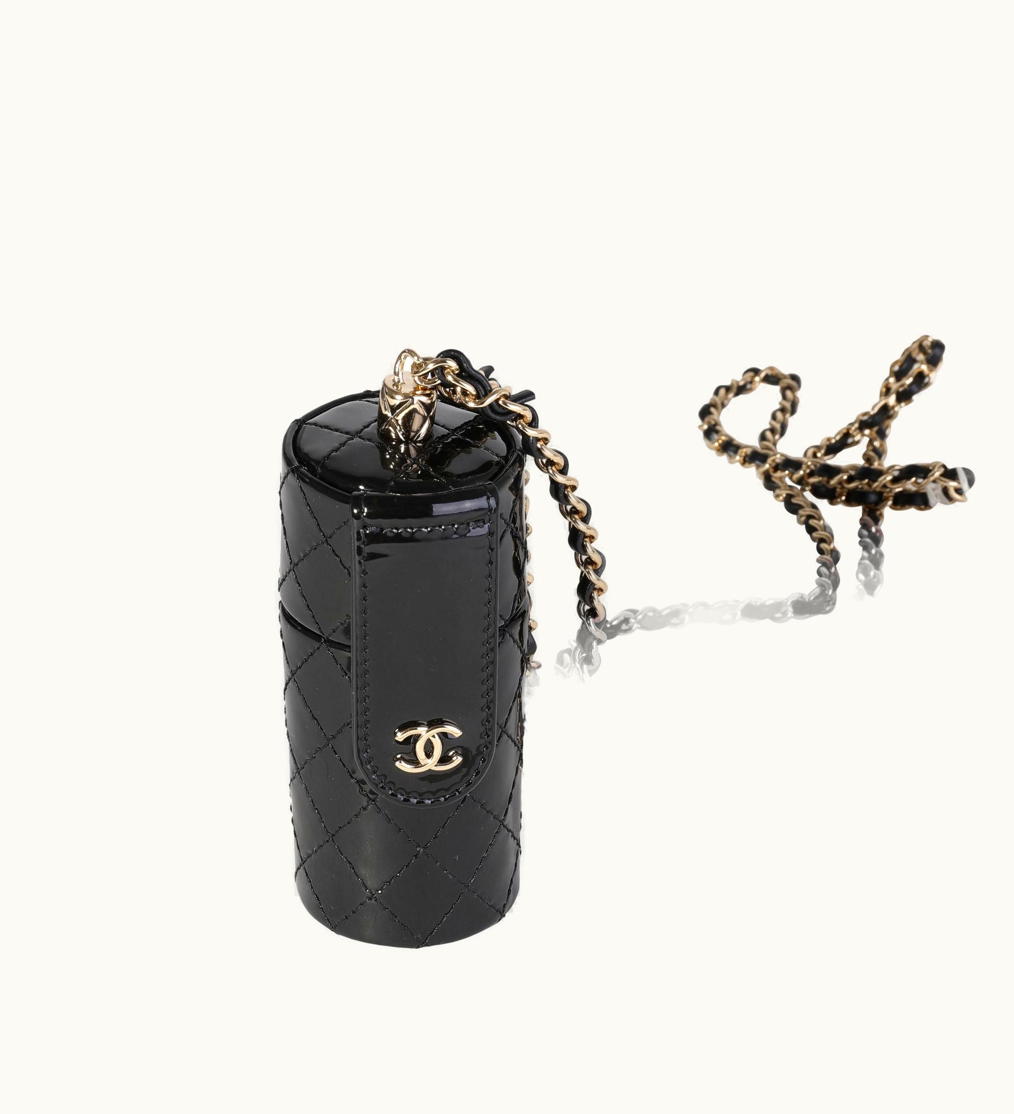 Chanel Chanel Black Quilted Patent Leather Lipstick Case On Chain
