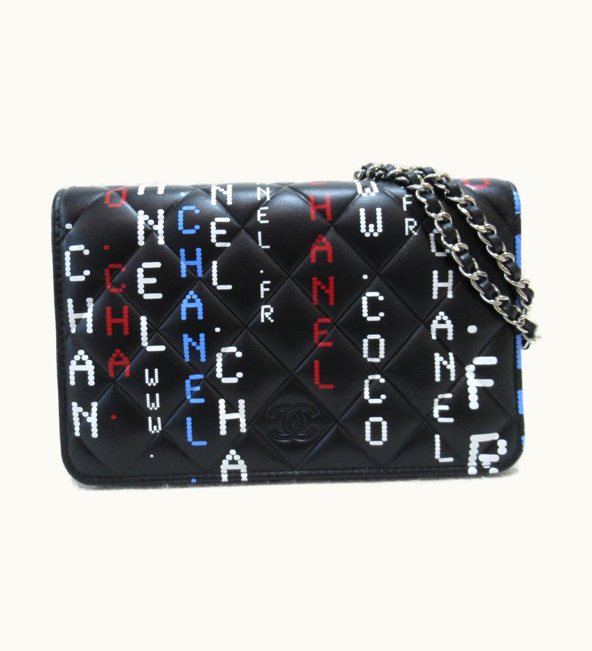 Chanel Chanel Typography Chain Wallet Shoulder Bag Black Lambskin [Sheep Leather]