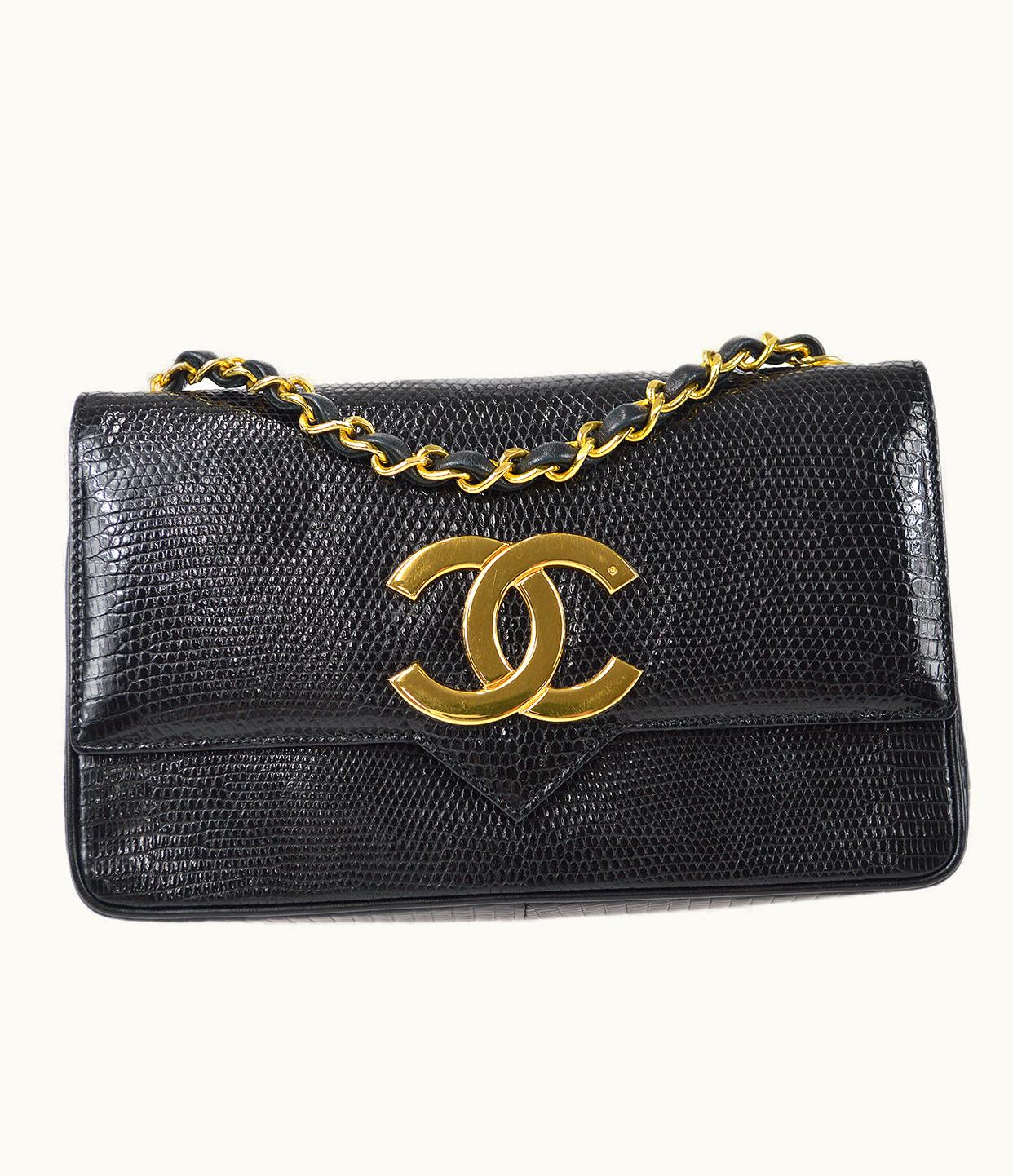 Chanel Chanel * Straight Flap Chain Shoulder Bag Black Lizard 98558