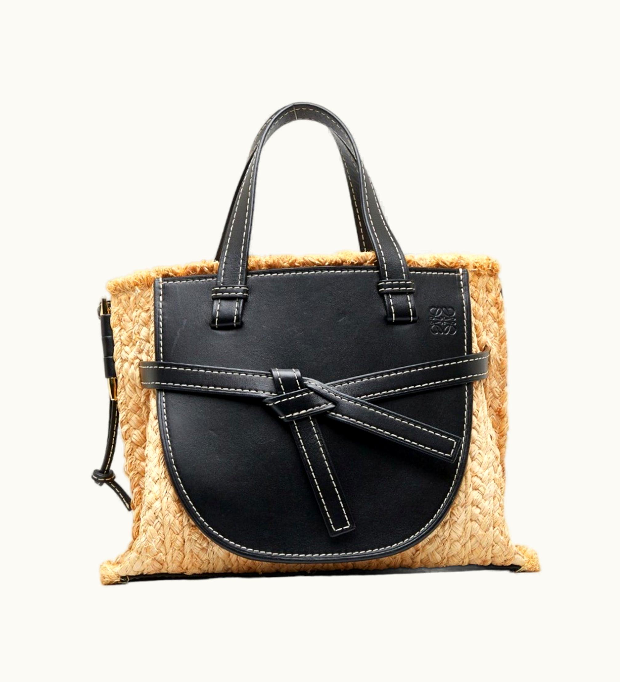 Loewe Loewe Anagram Gate Handbag Shoulder Bag 329.13.U61 Black Beige Leather Raffia Women's