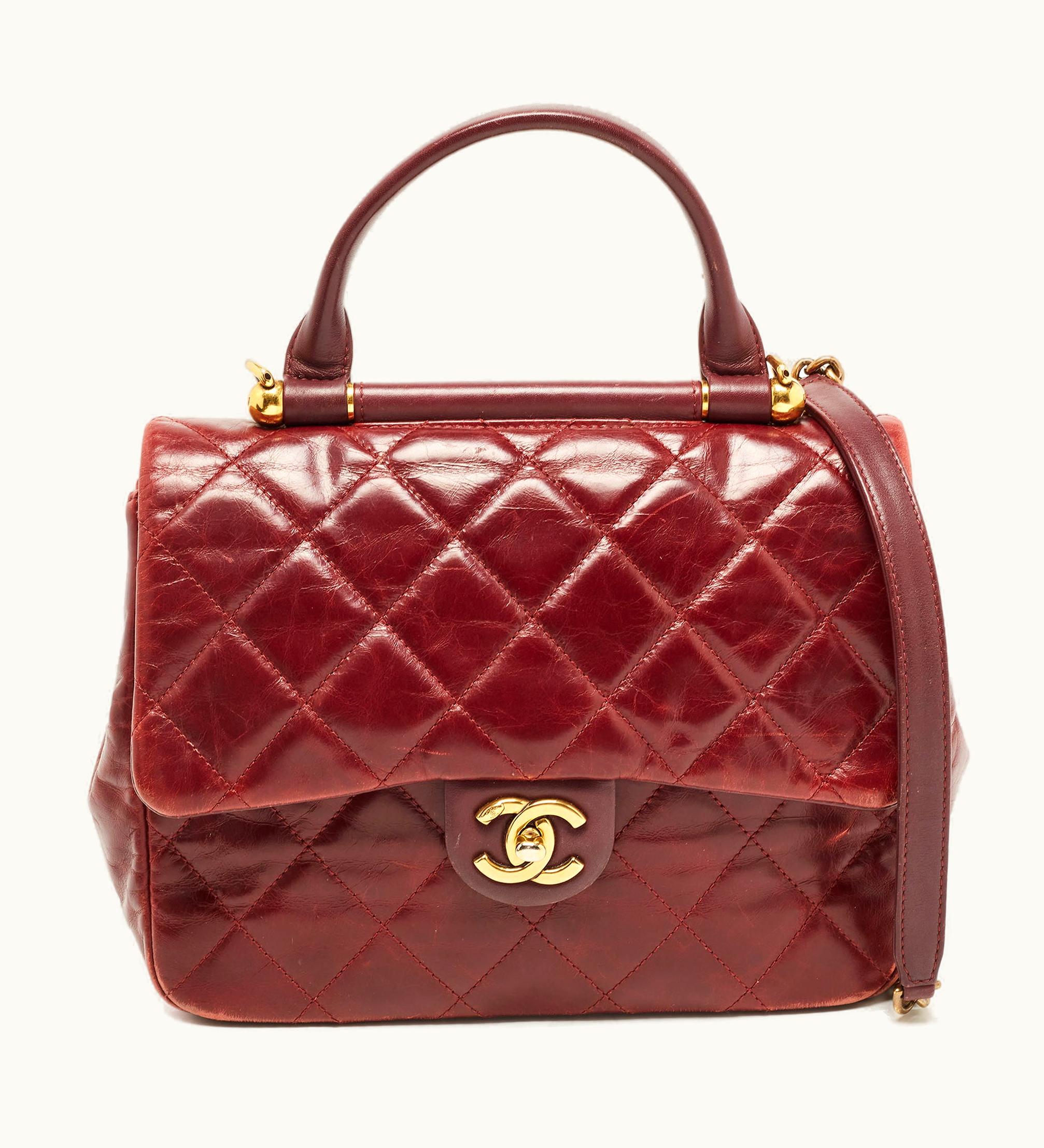 Chanel Chanel Burgundy Quilted Leather Gold Bar Top Handle Bag