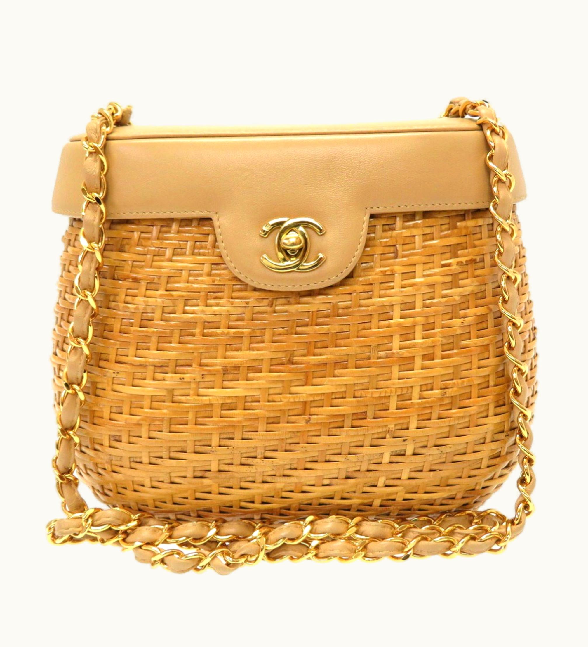 Chanel Chanel Basket Bag Straw Leather Beige 5Th Series Coco Mark Turn Lock Shoulder Brown 0011 Chanel