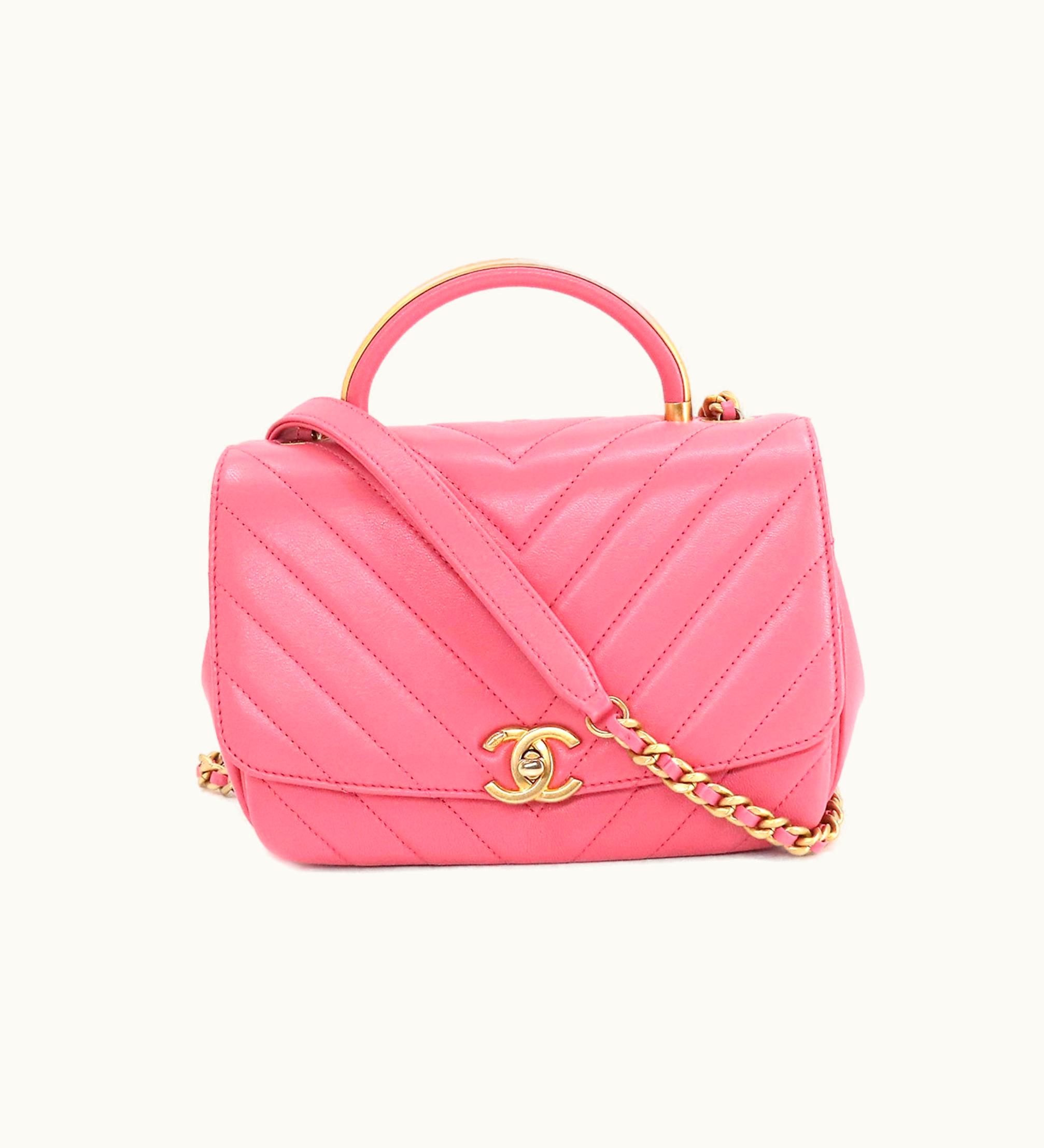 Chanel Chanel Chevron V Stitch Top Handle 2Way Hand Shoulder Bag Leather Pink