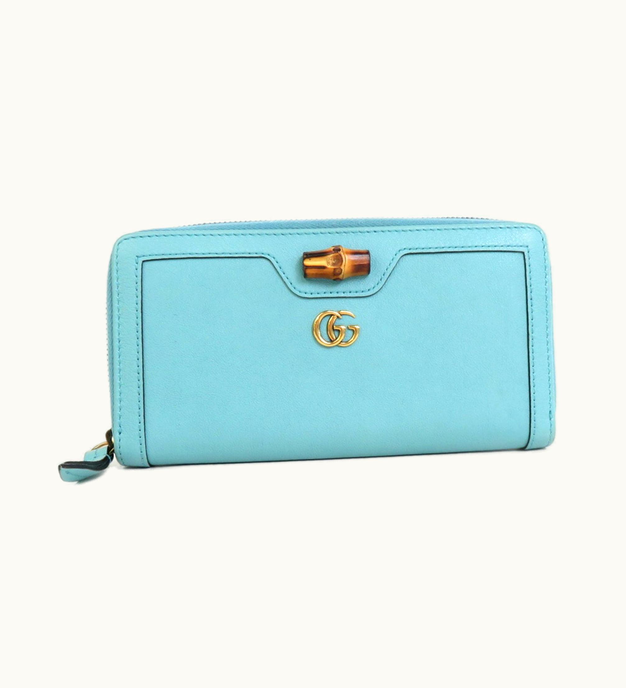 Gucci Gucci Round Zipper Long Wallet GG Marmont Diana Leather Turquoise Blue Gold Unisex 658634