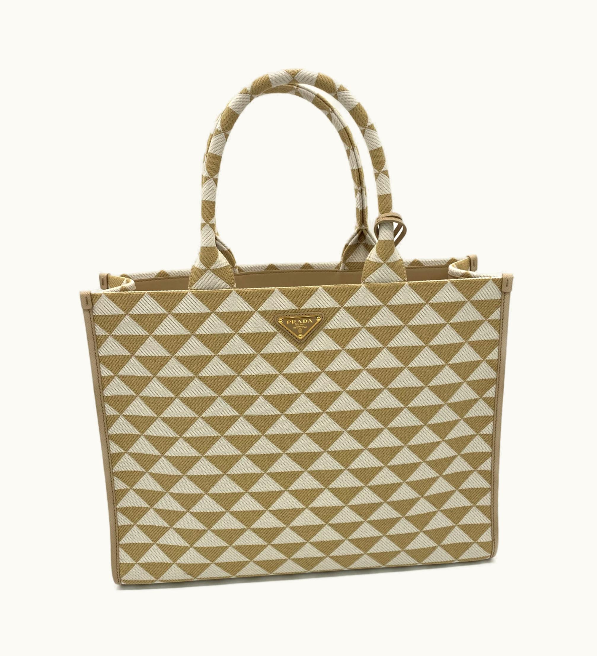 Prada Prada Tote Bag Triangle Jacquard Beige Pink Leather Jacquard 1Ba3562Fklf0J0A