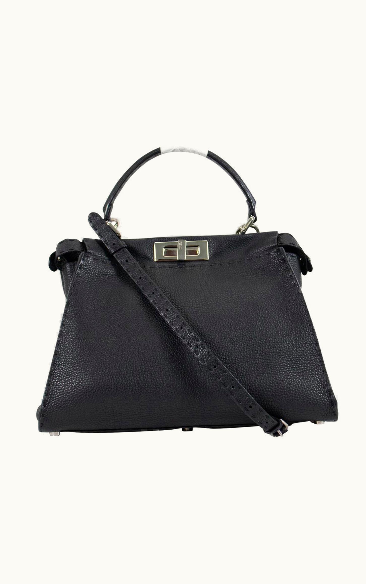 Fendi Fendi Black Grained Leather 'Peekaboo' With Tonal Topstitching And Crossbody Strap