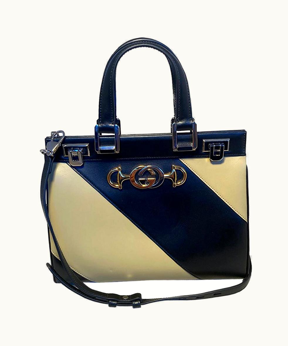 Gucci Gucci Zumi Shibuya Diagonal Stripe Black And Tan Medium Top Handle Bag