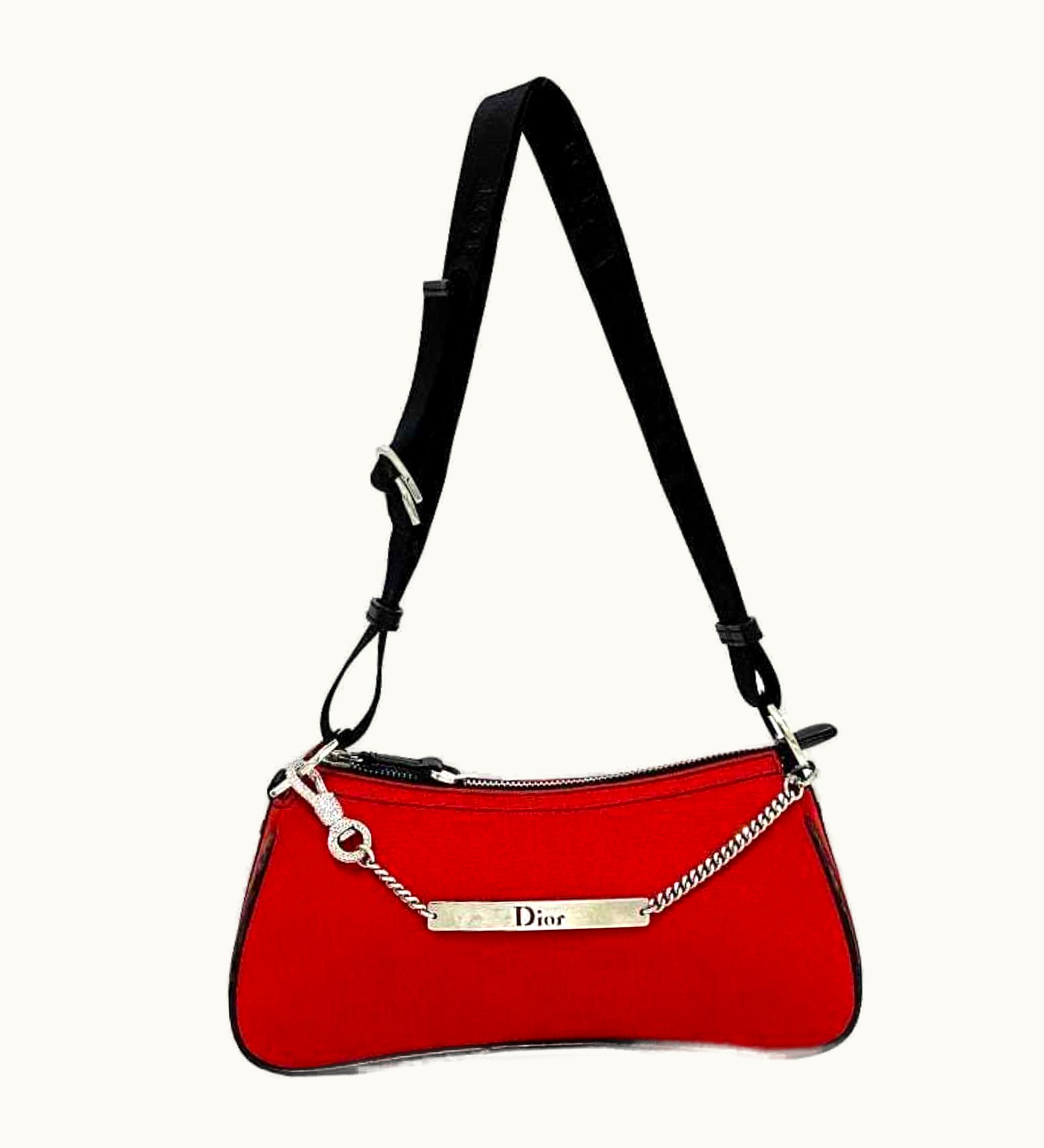 Dior Dior Christian Dior Red Black Silver 01-Ma-1003 Rhinestone Satin Canvas Leather Chain