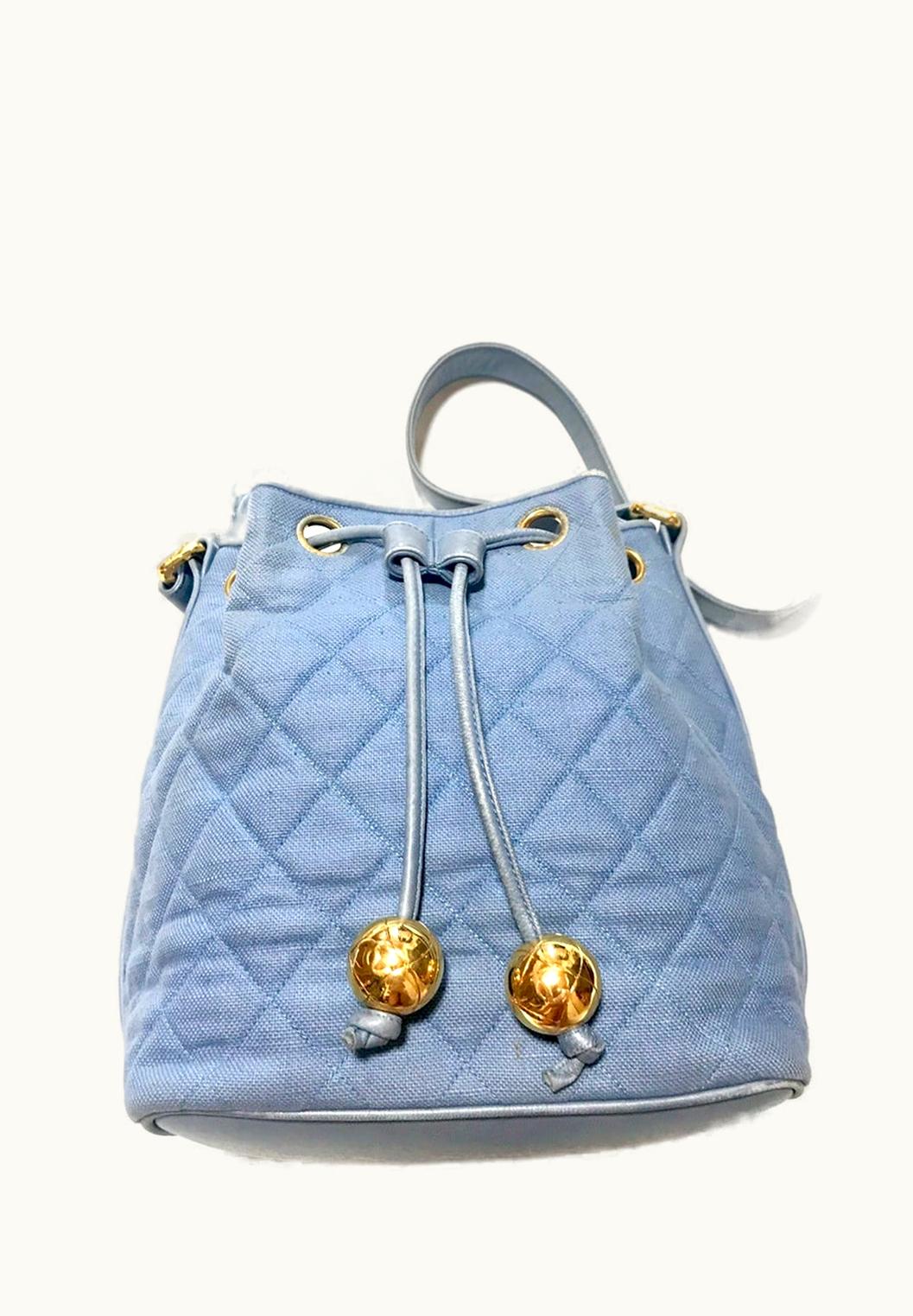 Chanel Chanel Vintage Blue Quilted Canvas And Leather Combo Hobo Bucket Shoulder Bag With Drawstrings And Golden CC Mark Balls