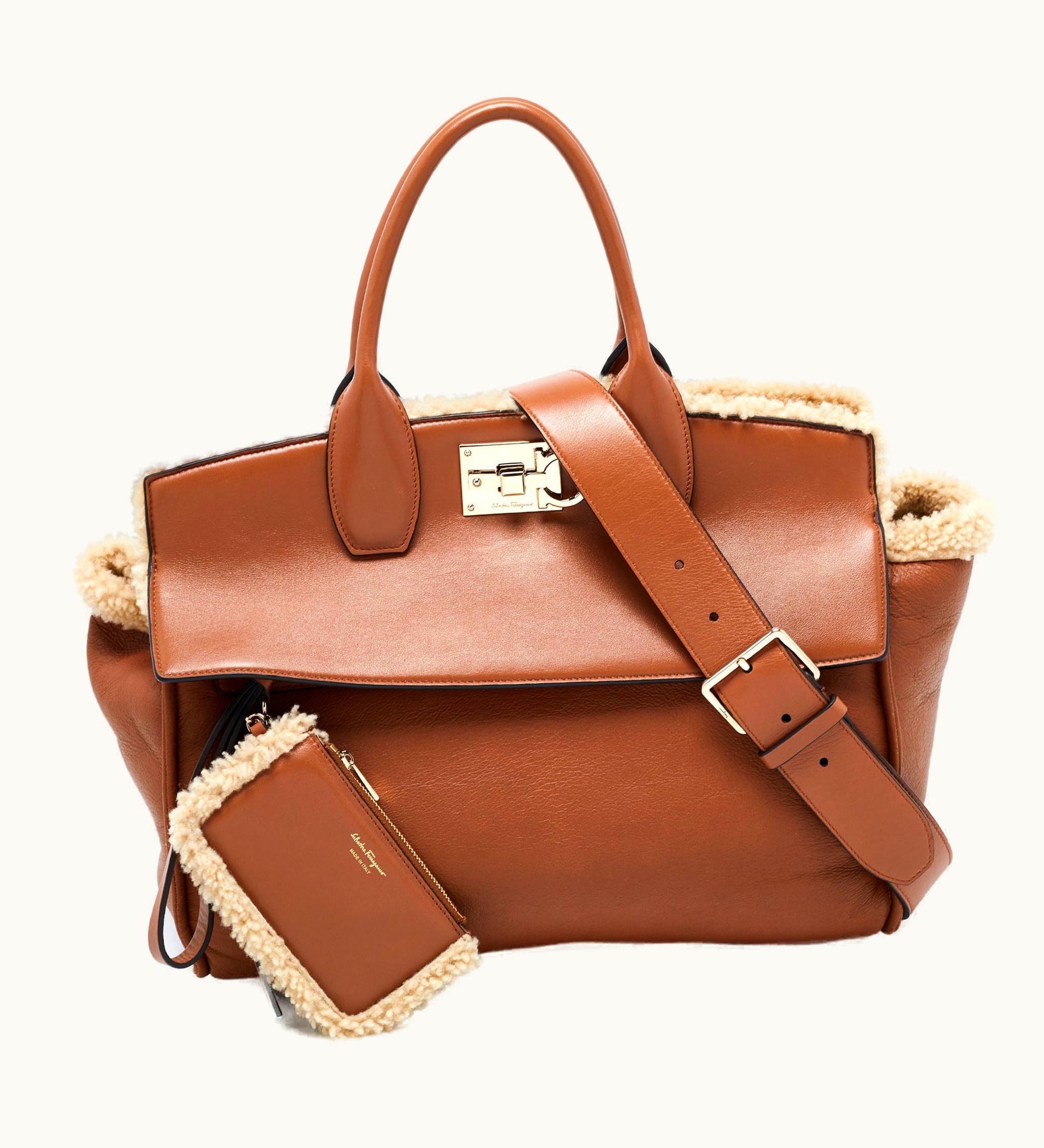 Salvatore Ferragamo Salvatore Ferragamo Brown Leather And Shearling The Studio Top Handle Bag