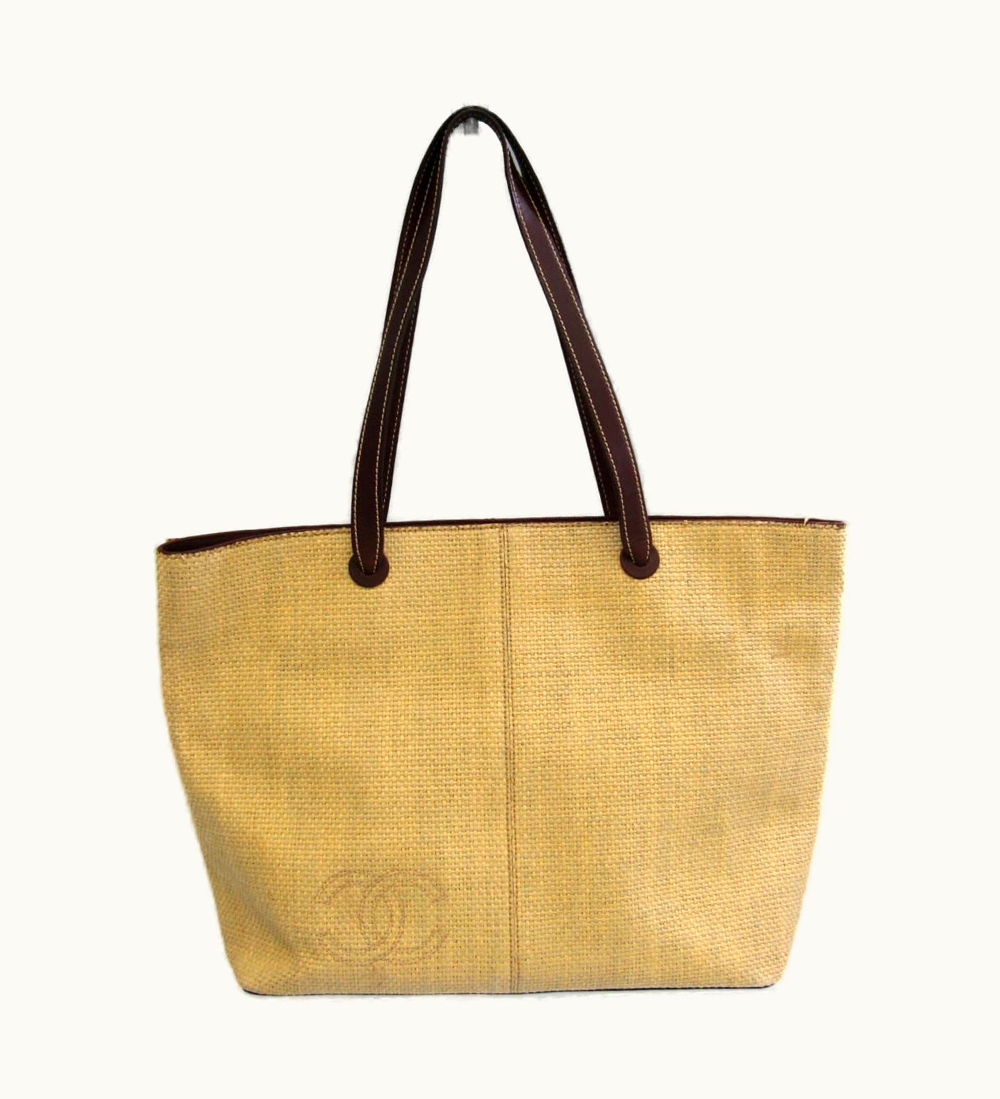 Chanel Chanel Coco Mark Women's Straw, Leather Tote Bag Beige, Dark Brown