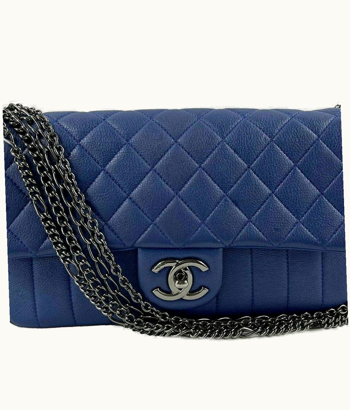 Chanel Chanel - Quilted Leather Medium Single Flap Blue / Ruthenium Shoulder Bag