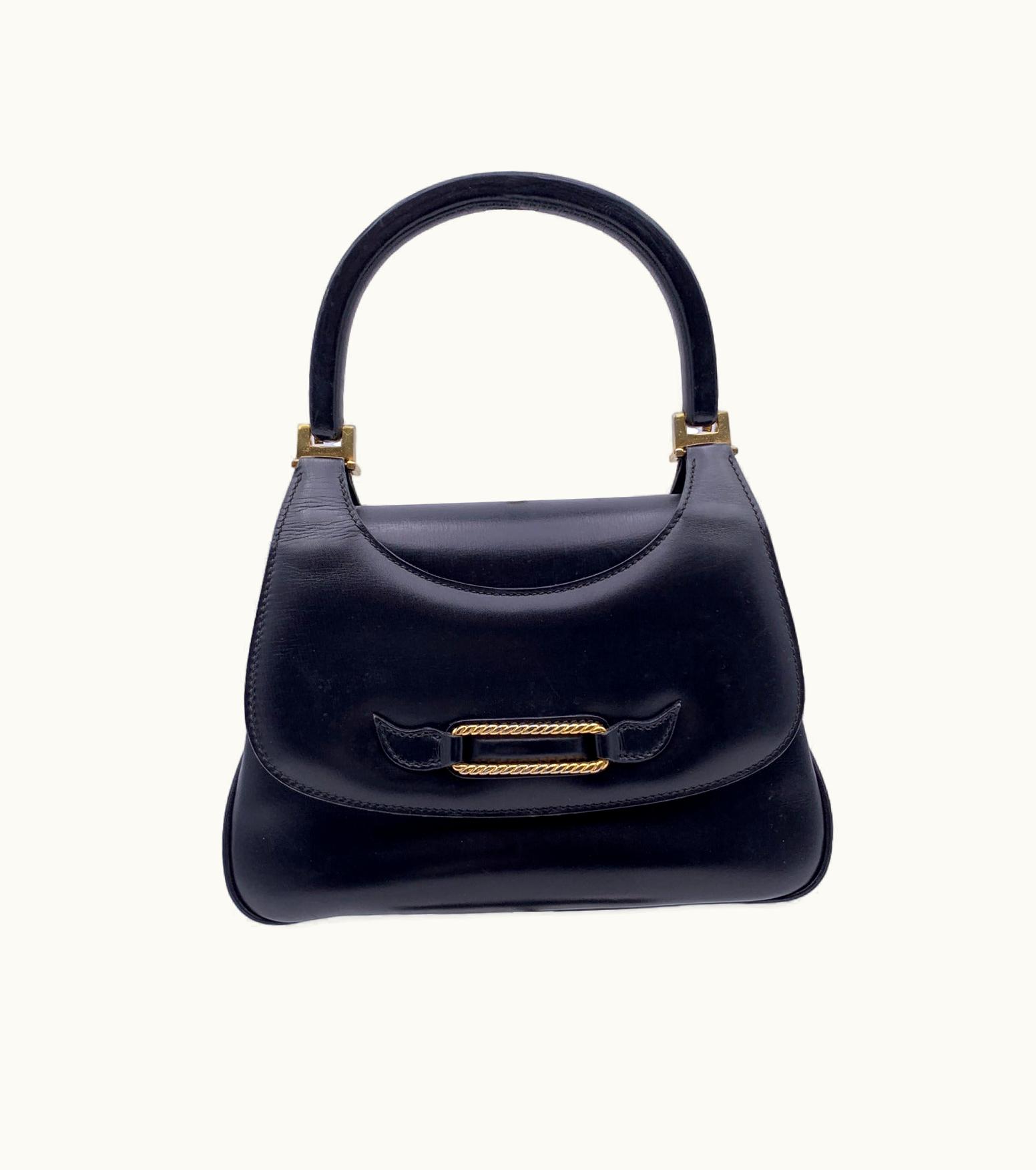 Gucci Gucci Vintage Black Leather Flap Handbag Top Handle Bag