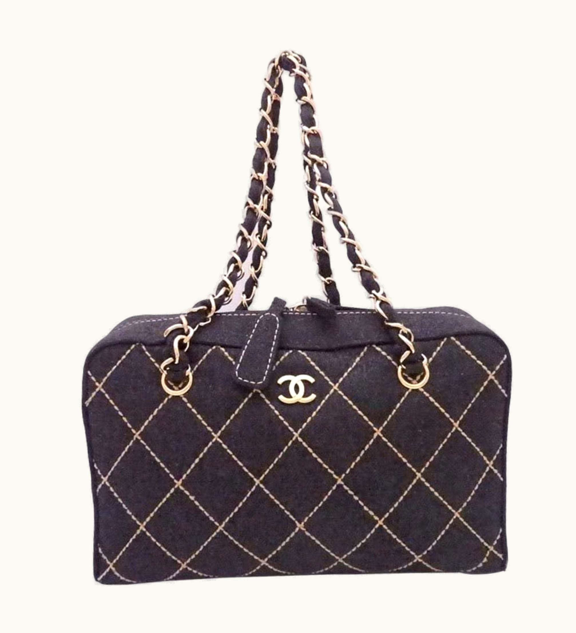 Chanel Chanel Shoulder Bag Chain Coco Mark Wild Stitch Wool/Metal Dark Gray Gold Hardware Women's