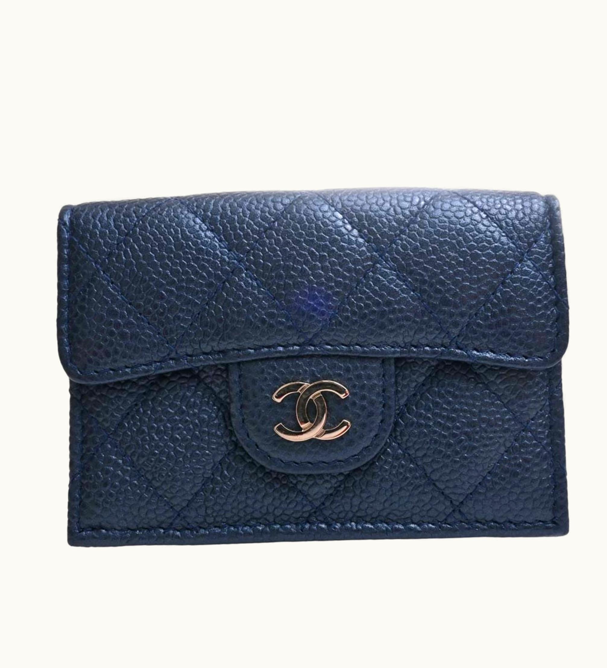 Chanel Chanel Caviar Skin Matelasse Coco Mark Tri-Fold Compact Wallet Metallic Blue Ladies