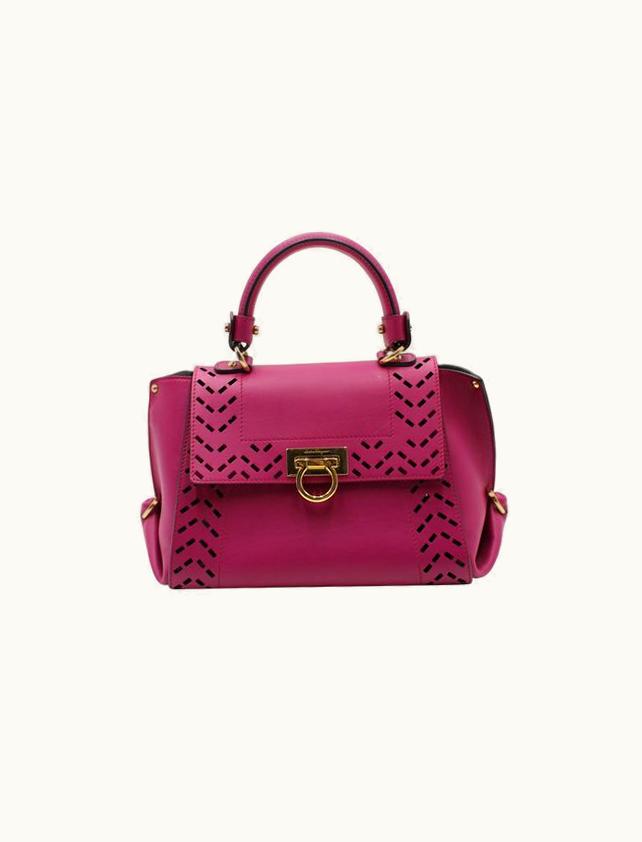 Salvatore Ferragamo Salvatore Ferragamo Fushia Sofia Small Perforated Leather Satchel - Detachable Purse