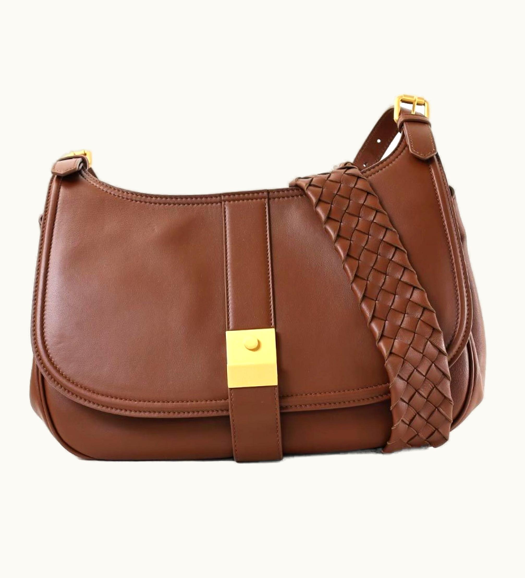 Bottega Veneta Bottega Veneta Shoulder Bag Flap Intrecciato Lambskin Brown Gold Women's