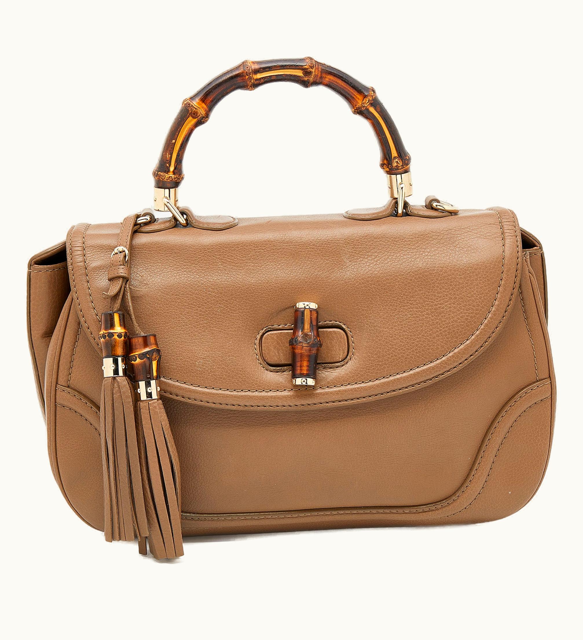 Gucci Gucci Brown Leather Large New Bamboo Tassel Top Handle Bag