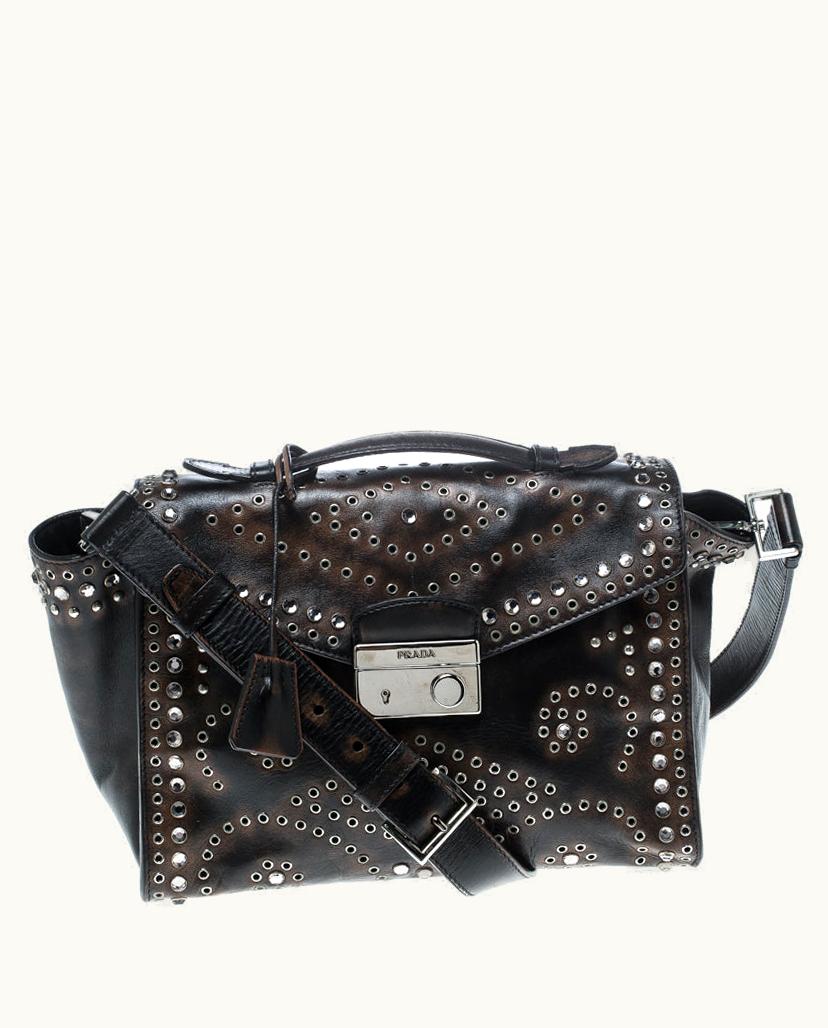 Prada Prada Dark Brown Vitello Vintage Leather Eyelet Crystal Embellished Top Handle Bag