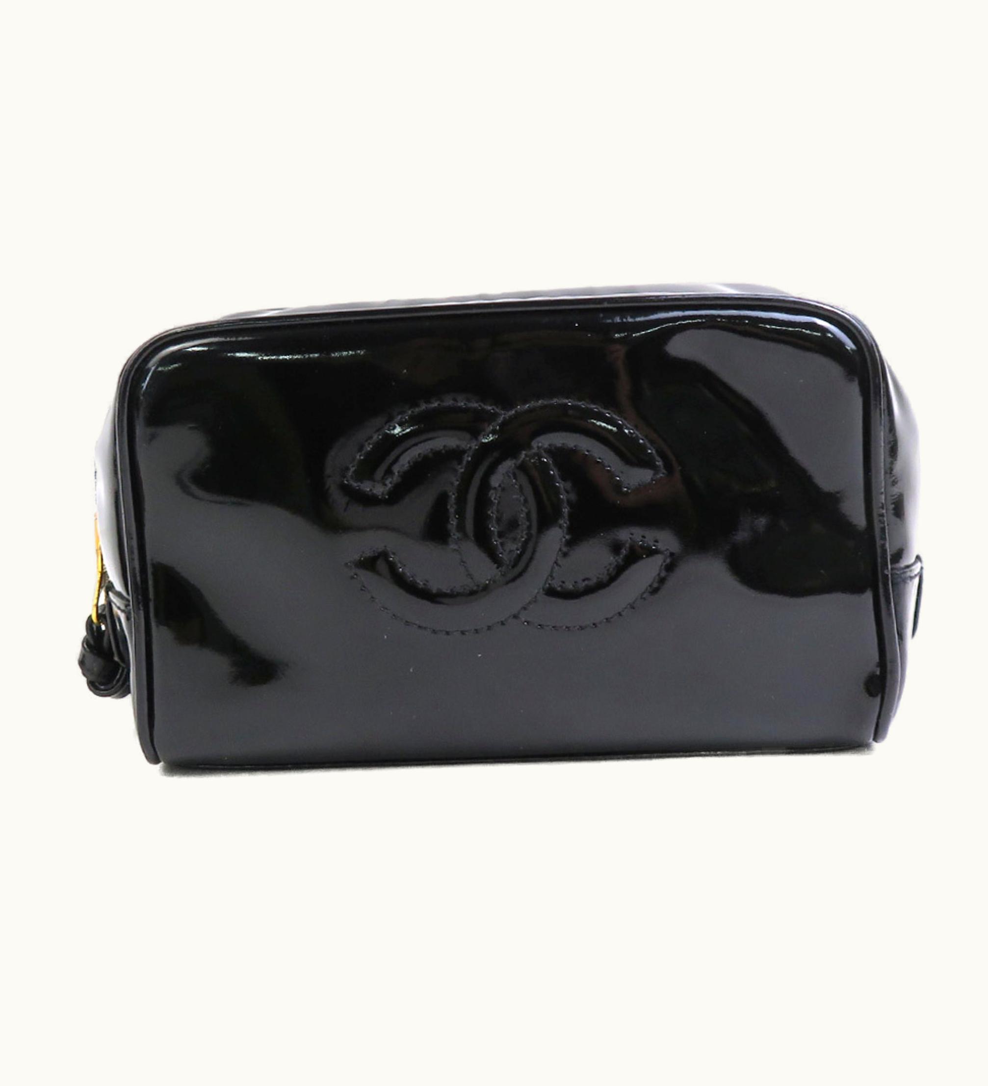 Chanel Chanel Pouch Multi Case Coco Mark Patent Leather Black Gold Women's E56008F