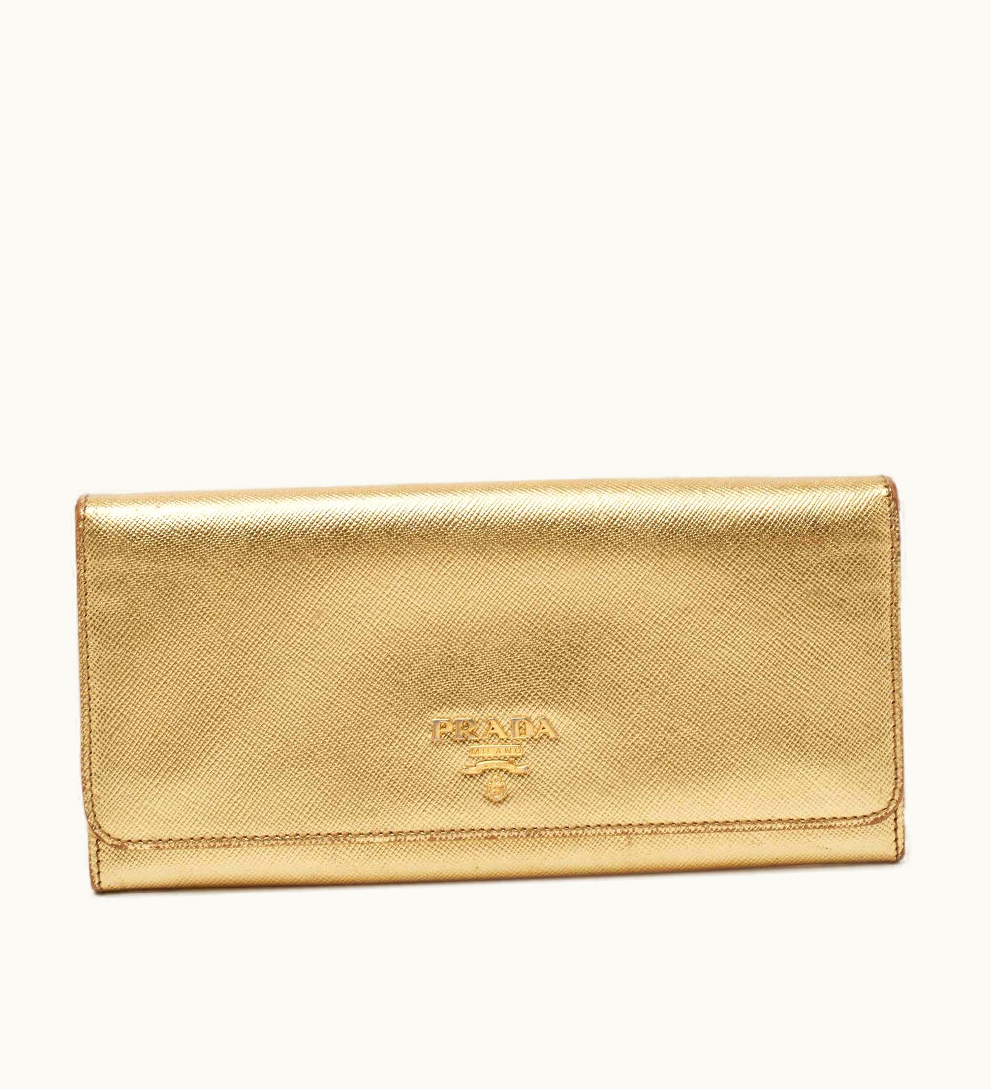 Prada Prada Gold Saffiano Lux Leather Logo Flap Continental Wallet