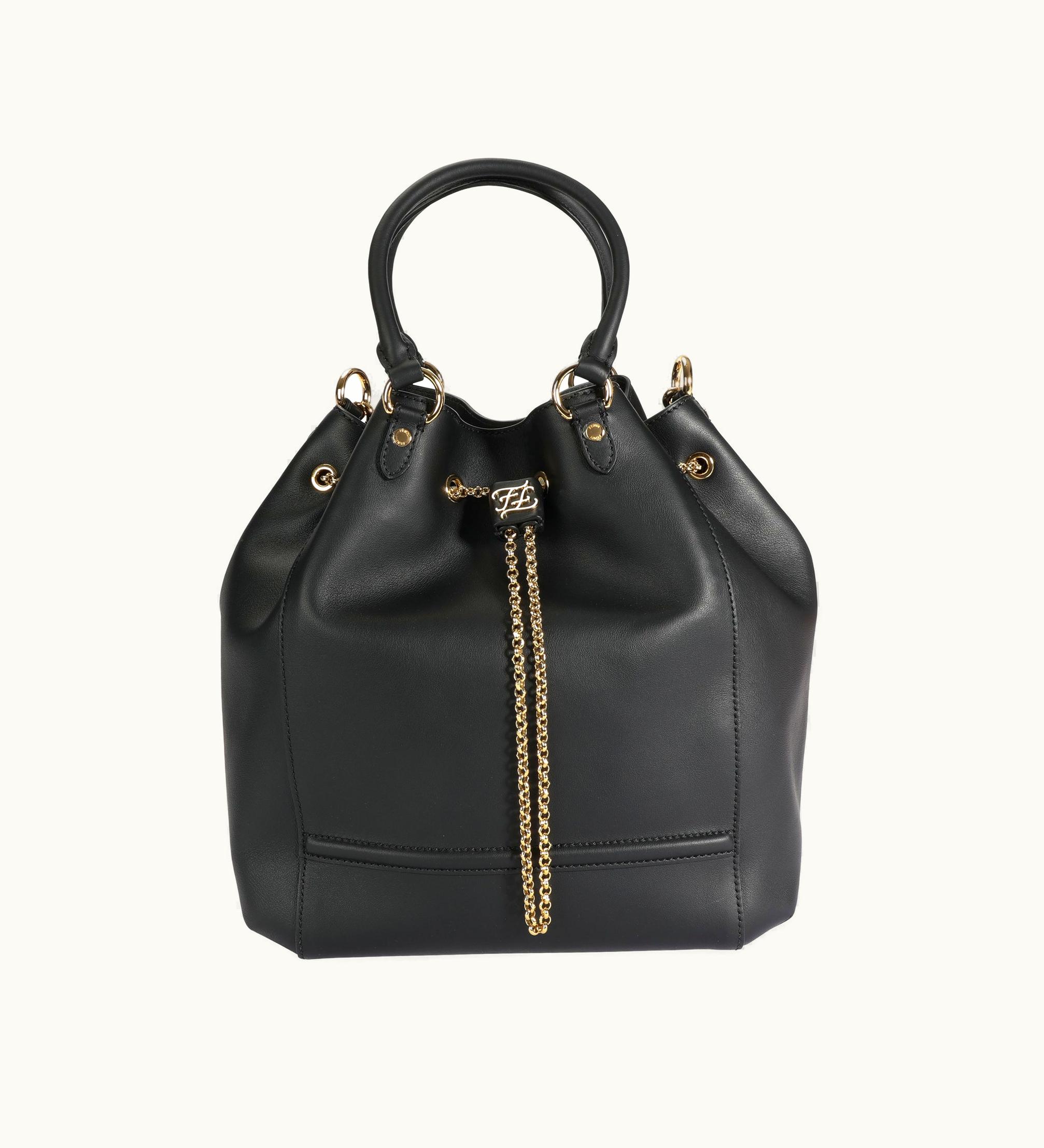 Fendi Fendi Black Vitello Leather Karligraphy Chain Bucket Bag