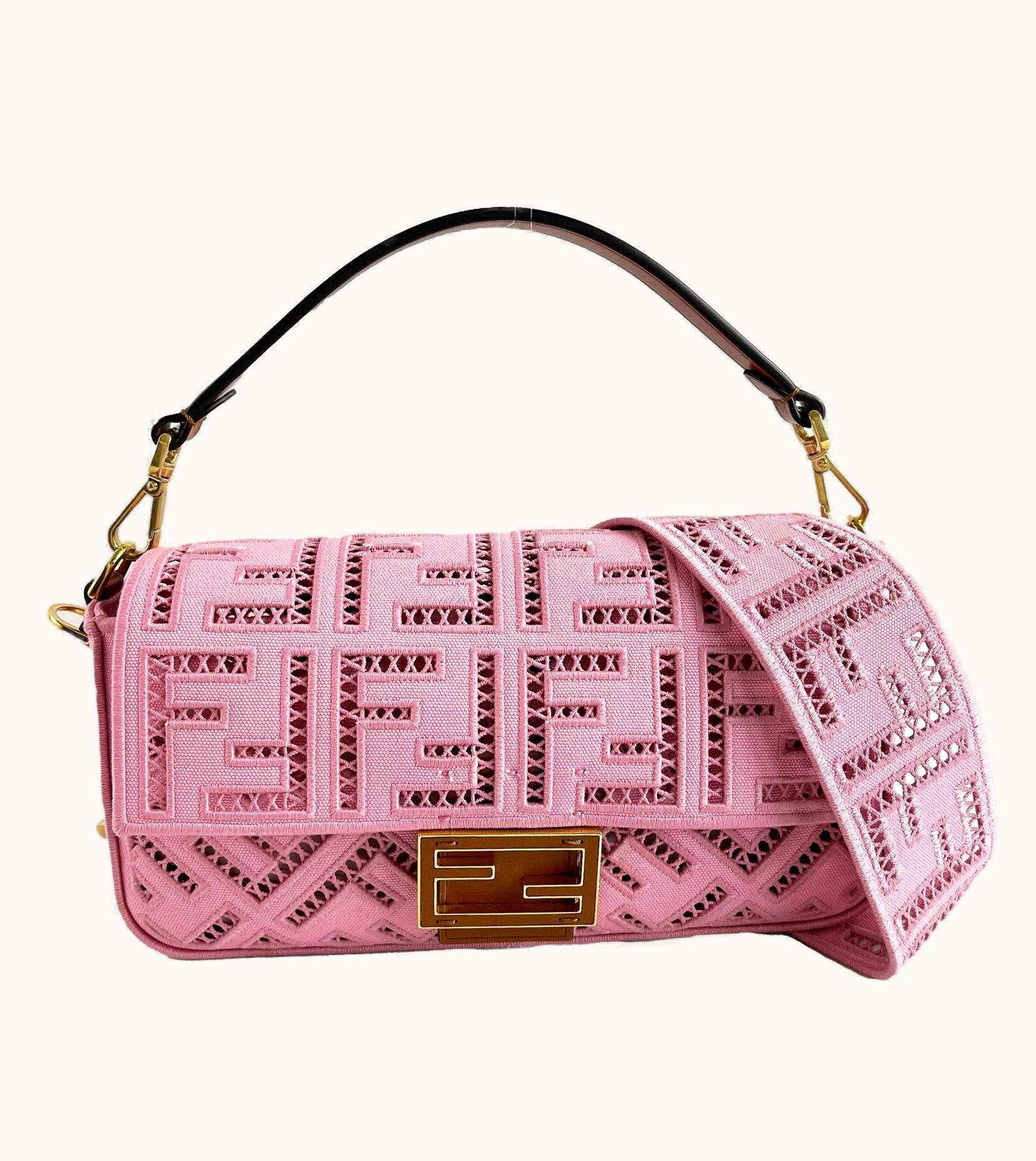 Fendi Fendi Baguette NM Openwork Pink Medium Embroidered Canvas Baguette