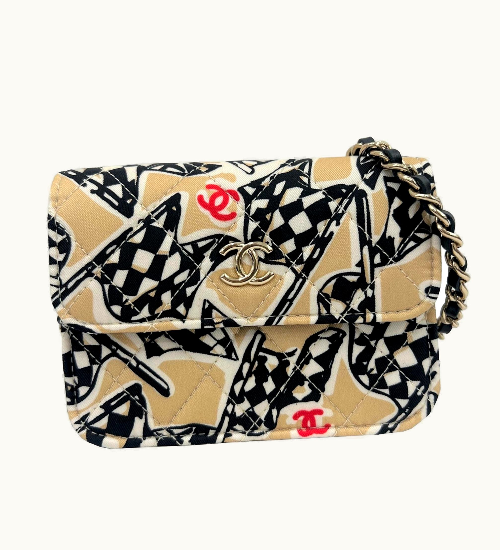 Chanel Chanel Earend Checkered Flag Print Cocomark Mini Chain Shoulder 2022 Cotton Beige Black Gold Hardware Women's Bag