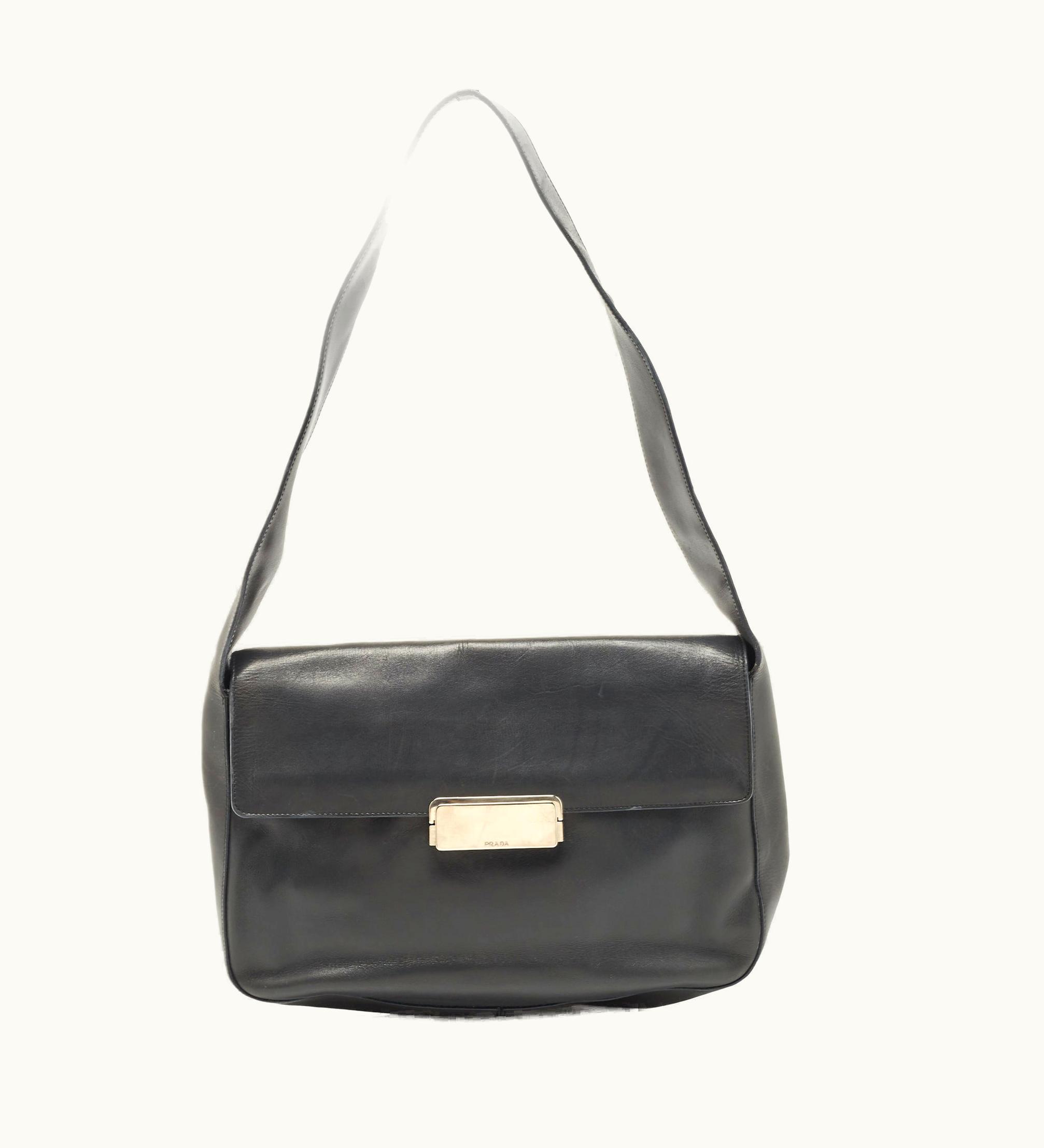Prada Prada Grey Leather Pushlock Flap Shoulder Bag